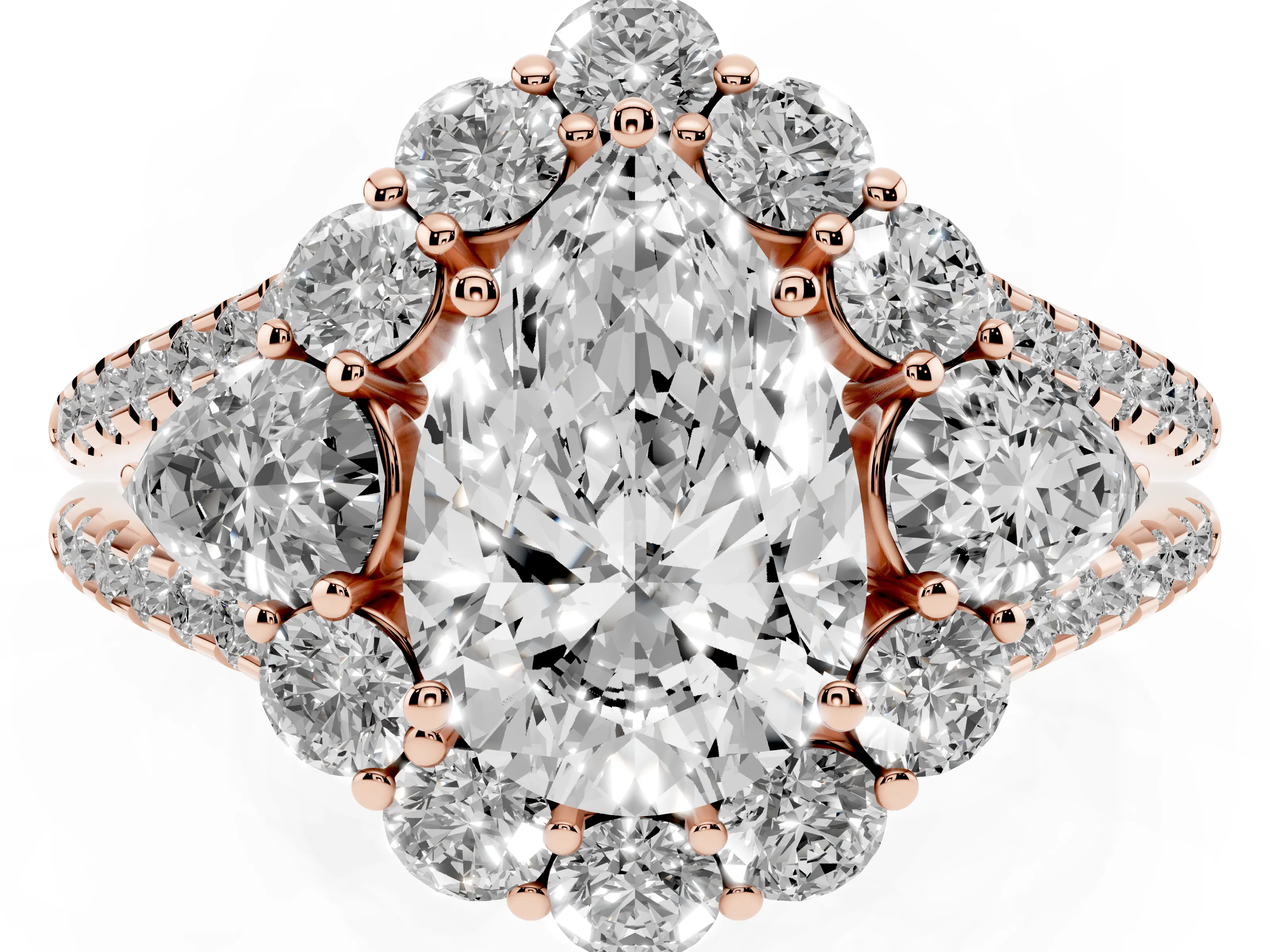 Pear Cut Diamond Halo Split Shank Engagement Ring Set in Rose gold with Prong-Held Center Stone