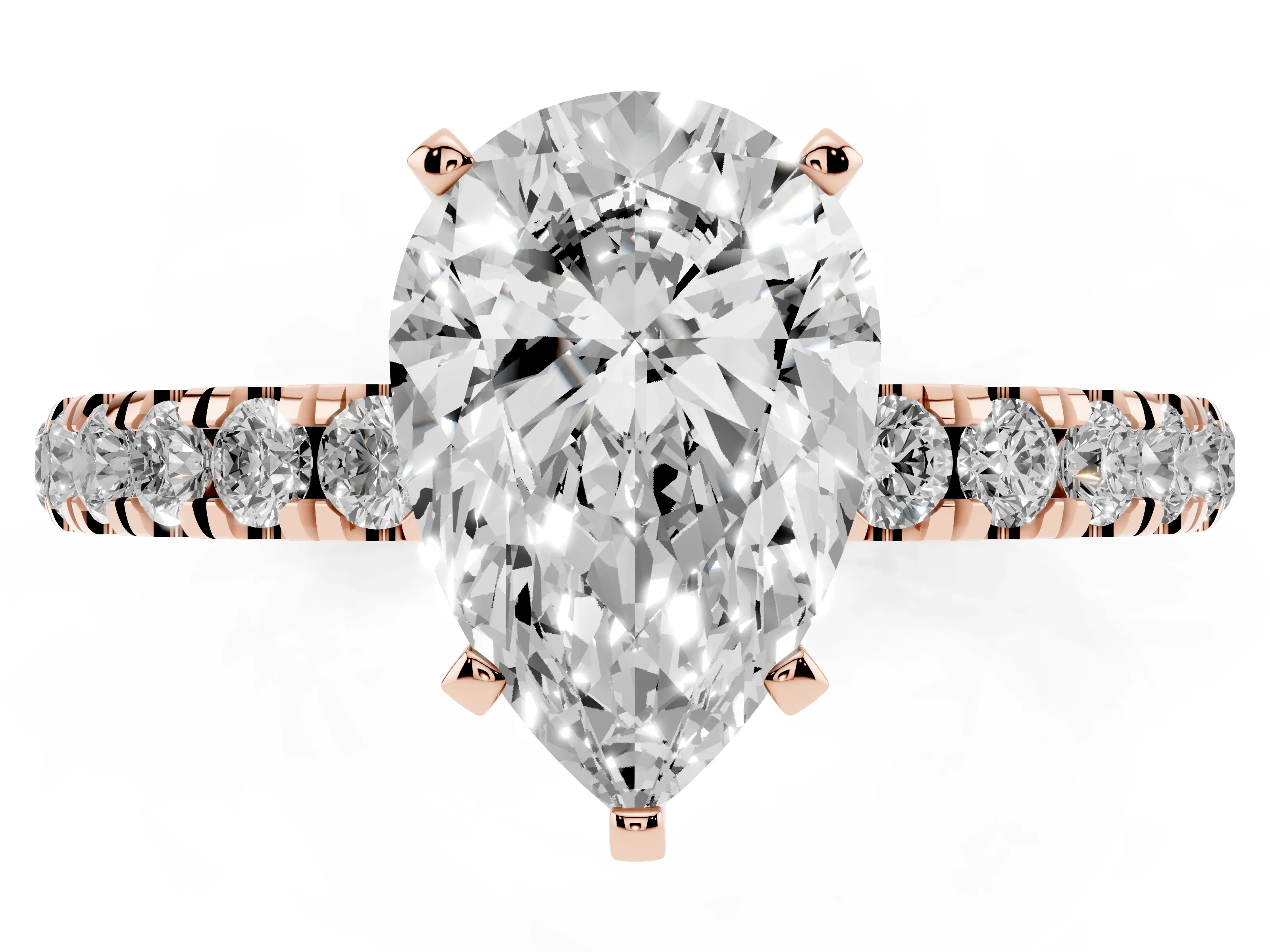 Pear Cut Diamond Solitaire Ring Set in Rose gold with Pavé Accents and Prong Setting