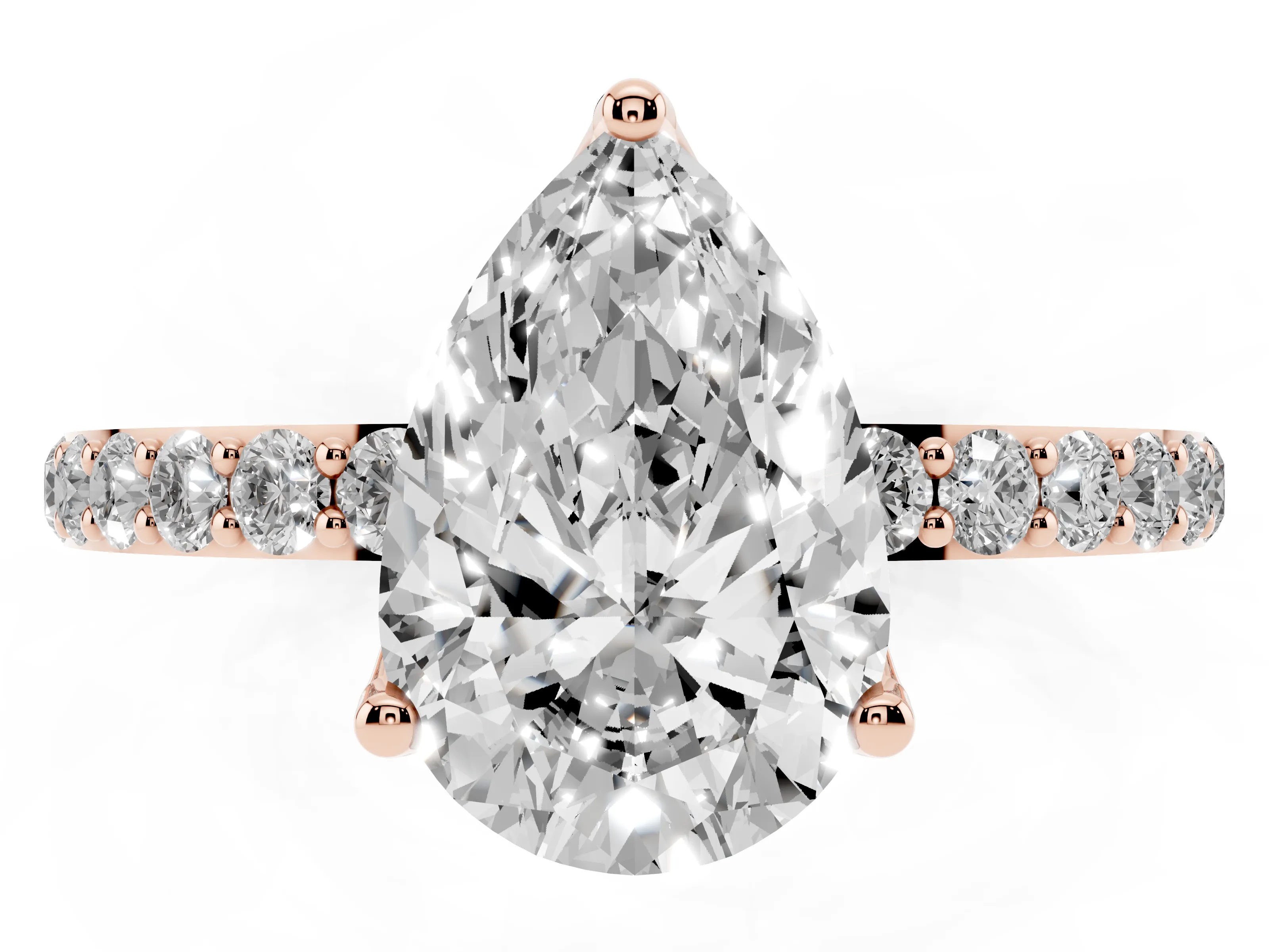Pear Cut Diamond Solitaire Engagement Ring Set in Rose gold with Round Pavé Band and Prong Setting
