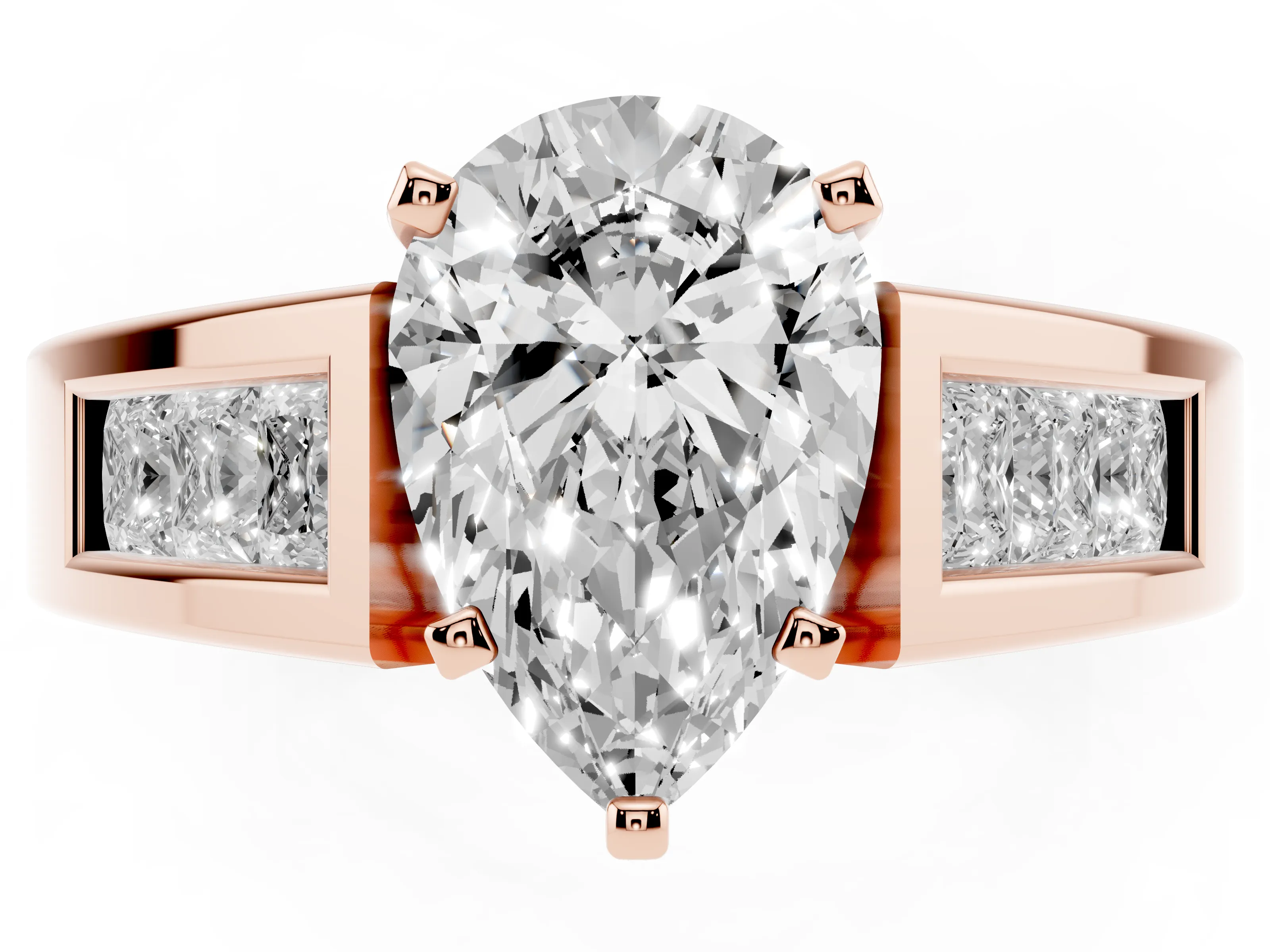 Pear Cut Diamond Solitaire Ring Set in Rose gold with Channel-Set Accent Stones and Prong Setting