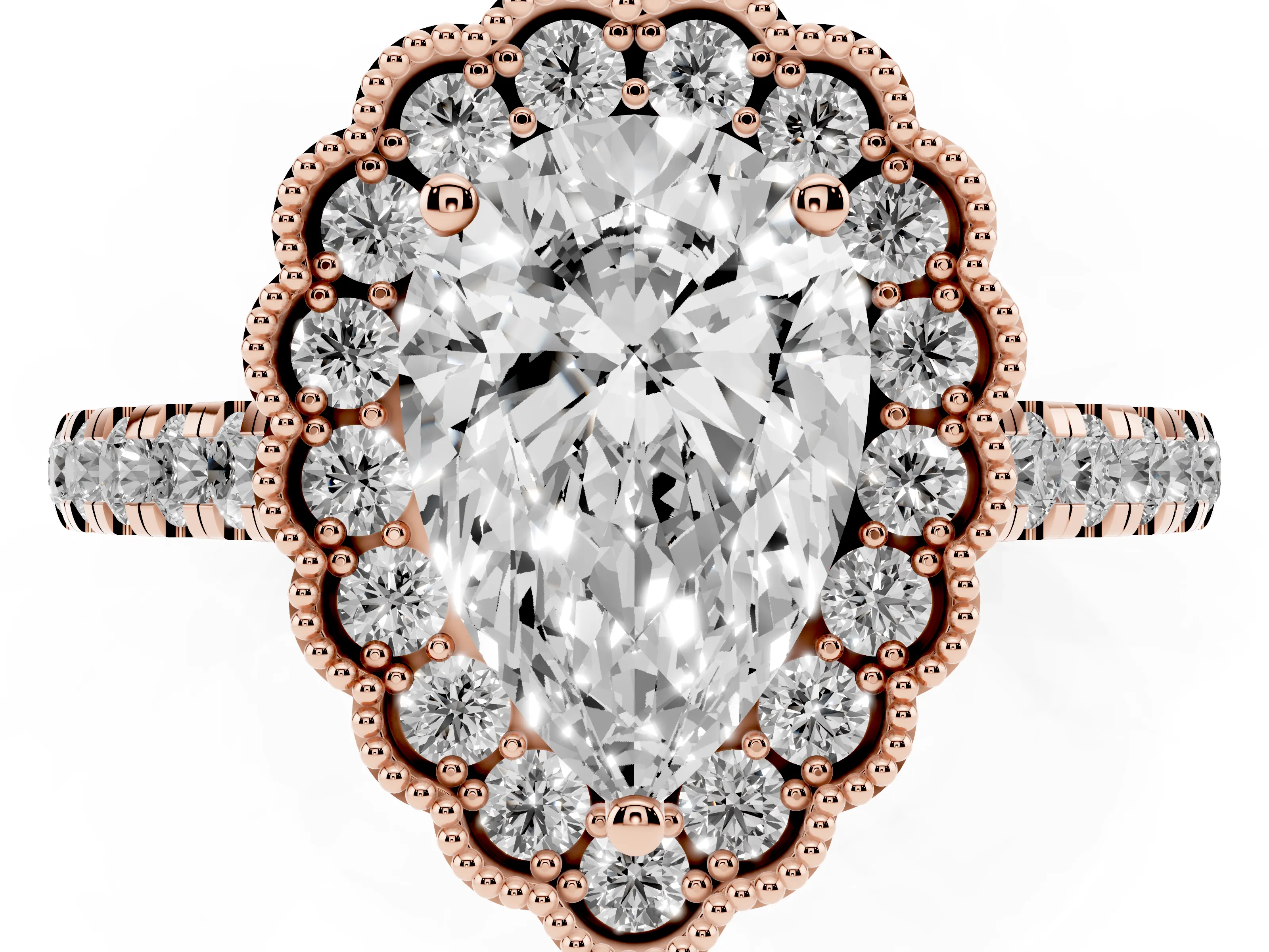Pear Cut Diamond Milgrain Floral Halo Engagement Ring Set in Rose gold with Pavé Band
