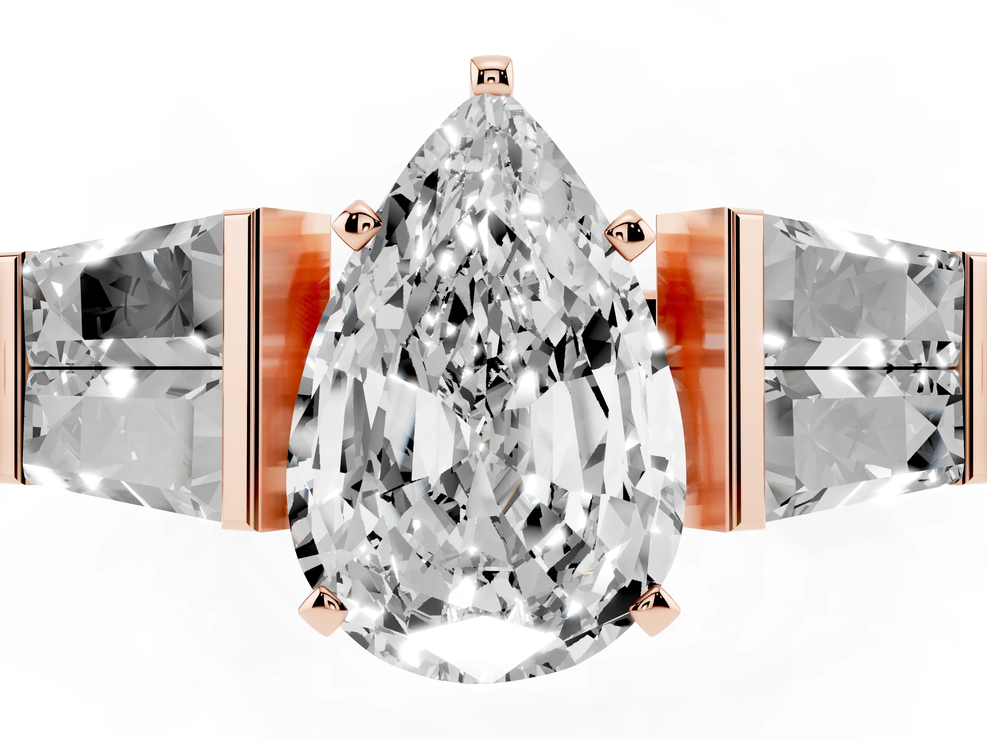 Pear Cut Diamond Engagement Ring Set in Rose gold with Baguette Side Stones and Channel Set Band