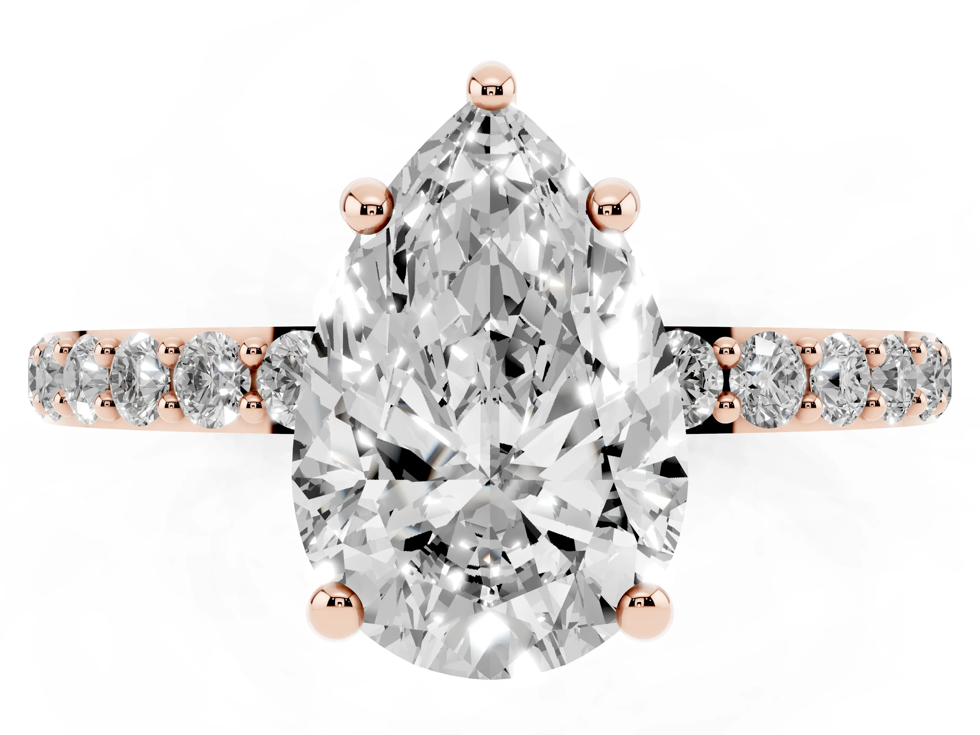 8 Carat Pear Cut Solitaire Ring Set in Rose gold with Round Pavé Band and Prong Setting