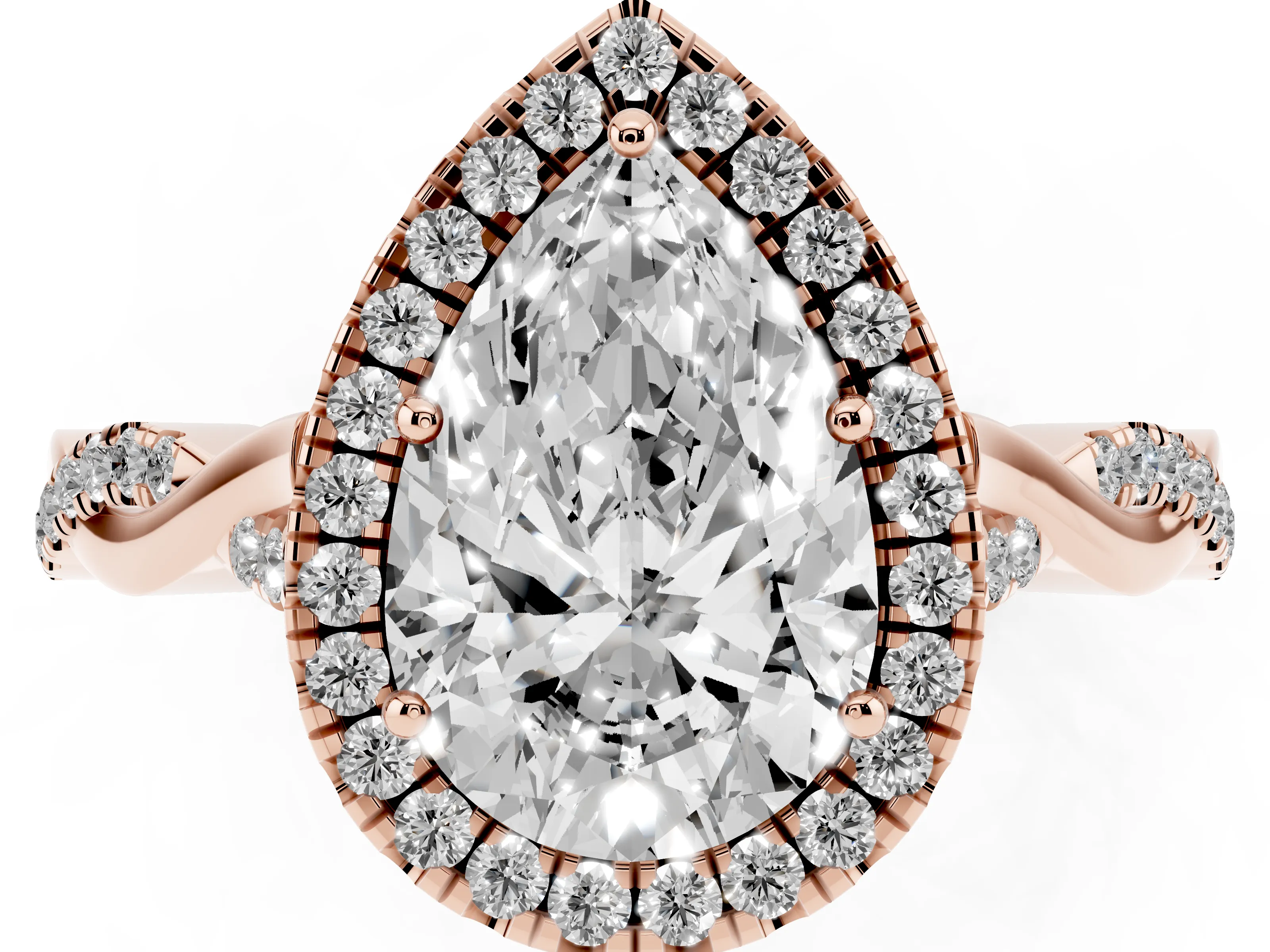 Pear Cut Diamond Halo Twist Band Solitaire Ring Set in Rose gold with Prong Setting