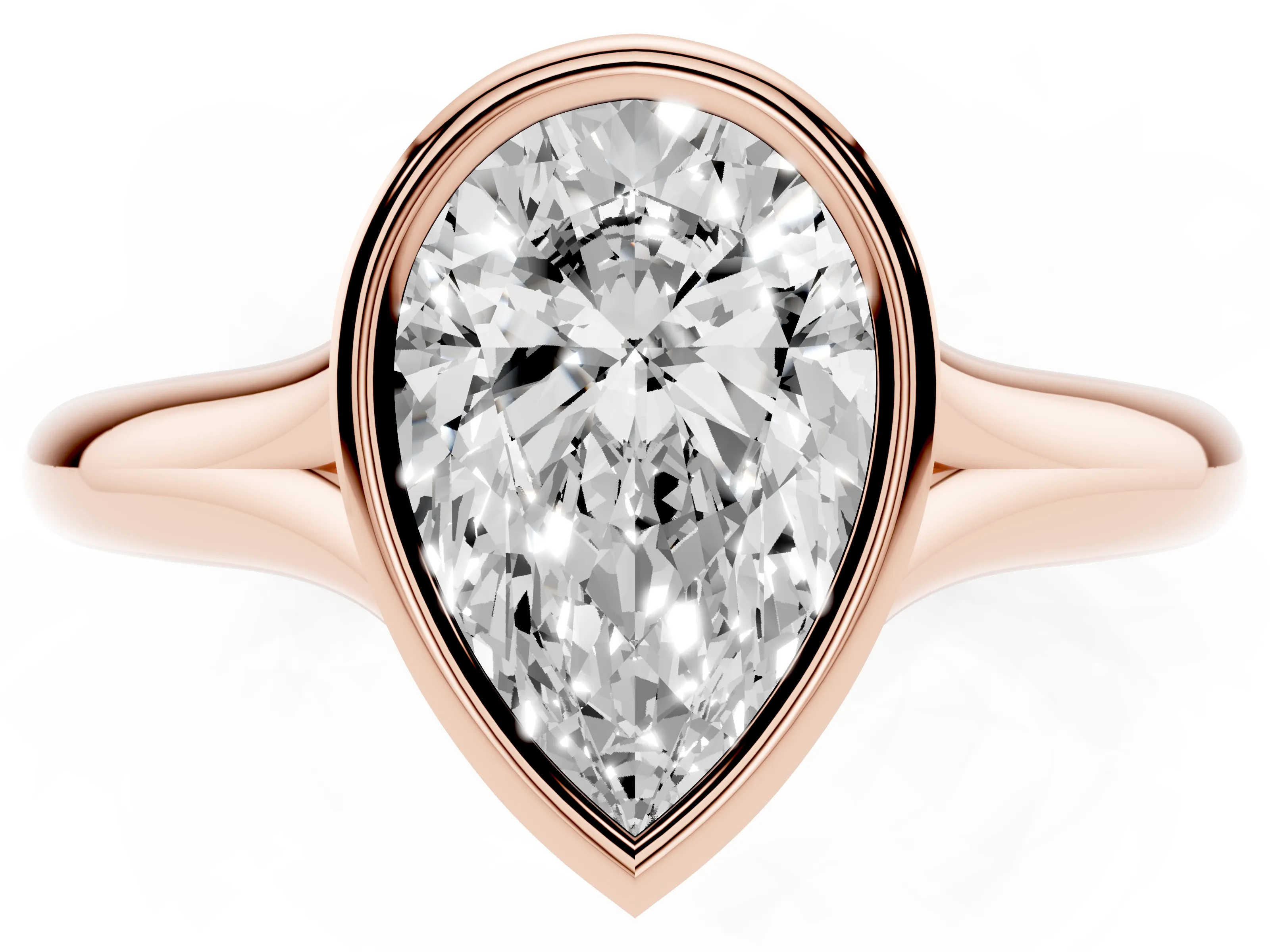 Bezel Set Pear Cut Diamond Solitaire Ring Set in Rose gold with Smooth Band