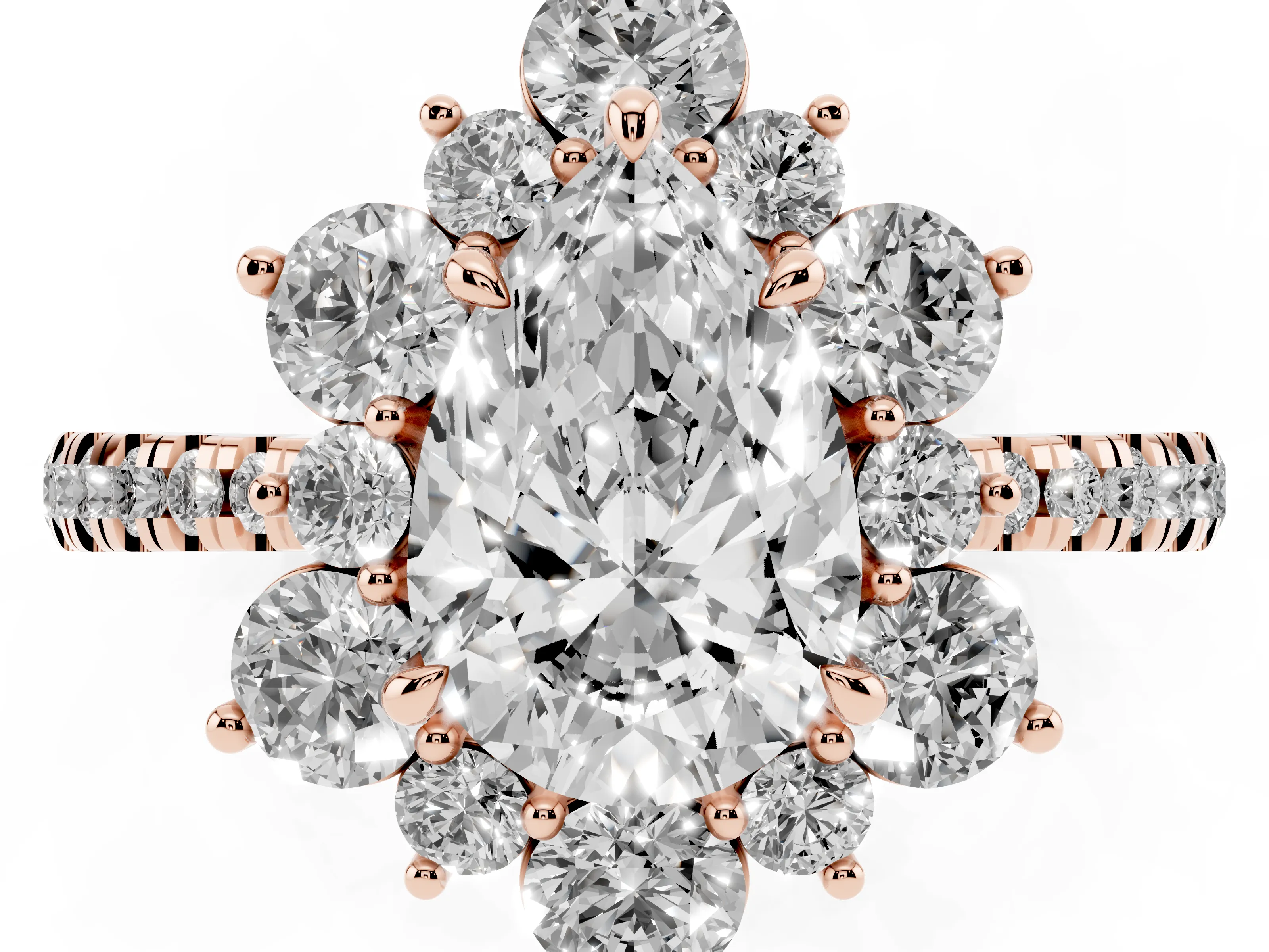 Pear Cut Diamond Floral Halo Ring Set in Rose gold with Round Pavé Band and Prong Setting