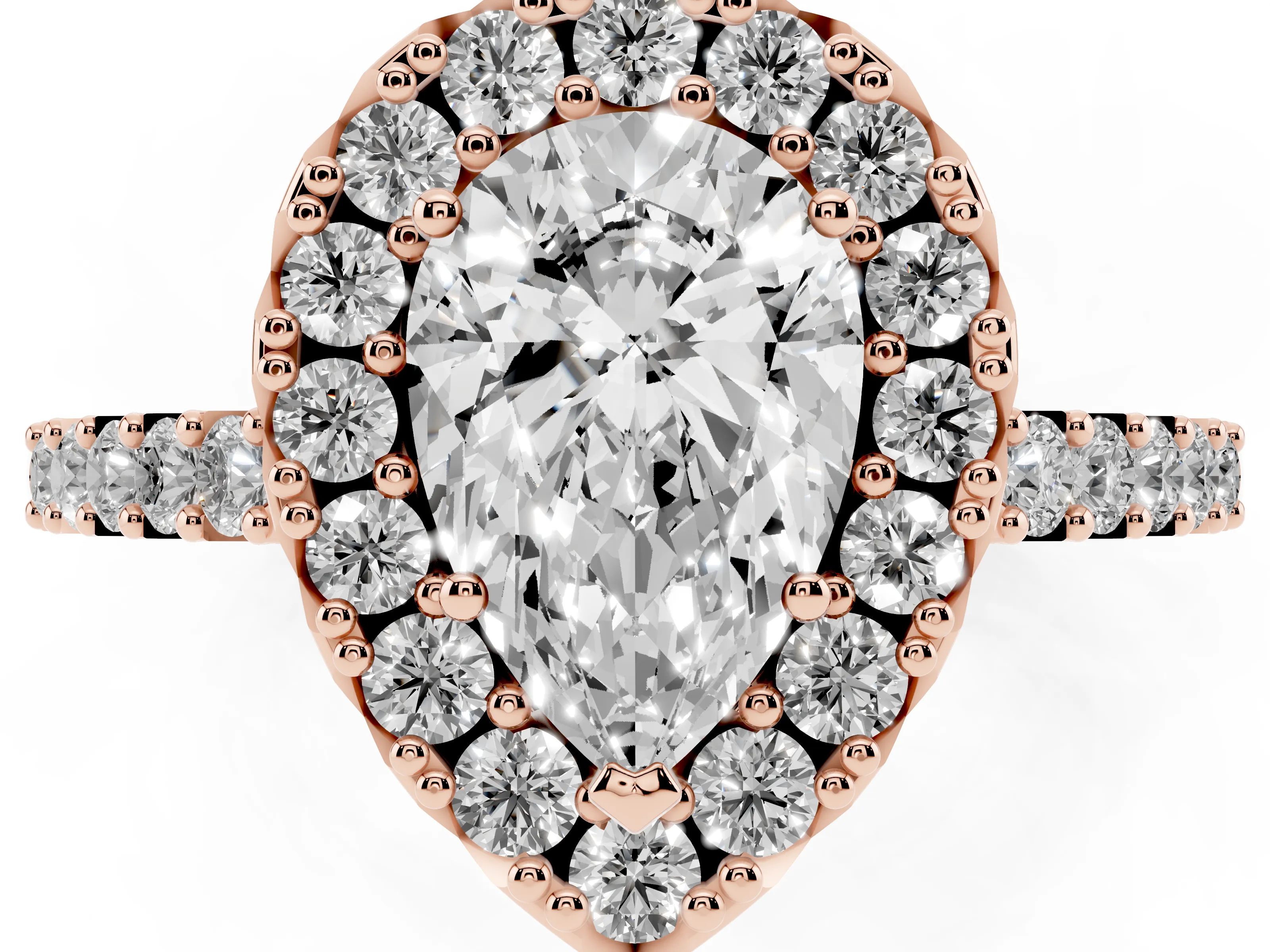 Pear Cut Diamond Halo Pavé Solitaire Ring Set in Rose gold with Prong-Set Center Stone