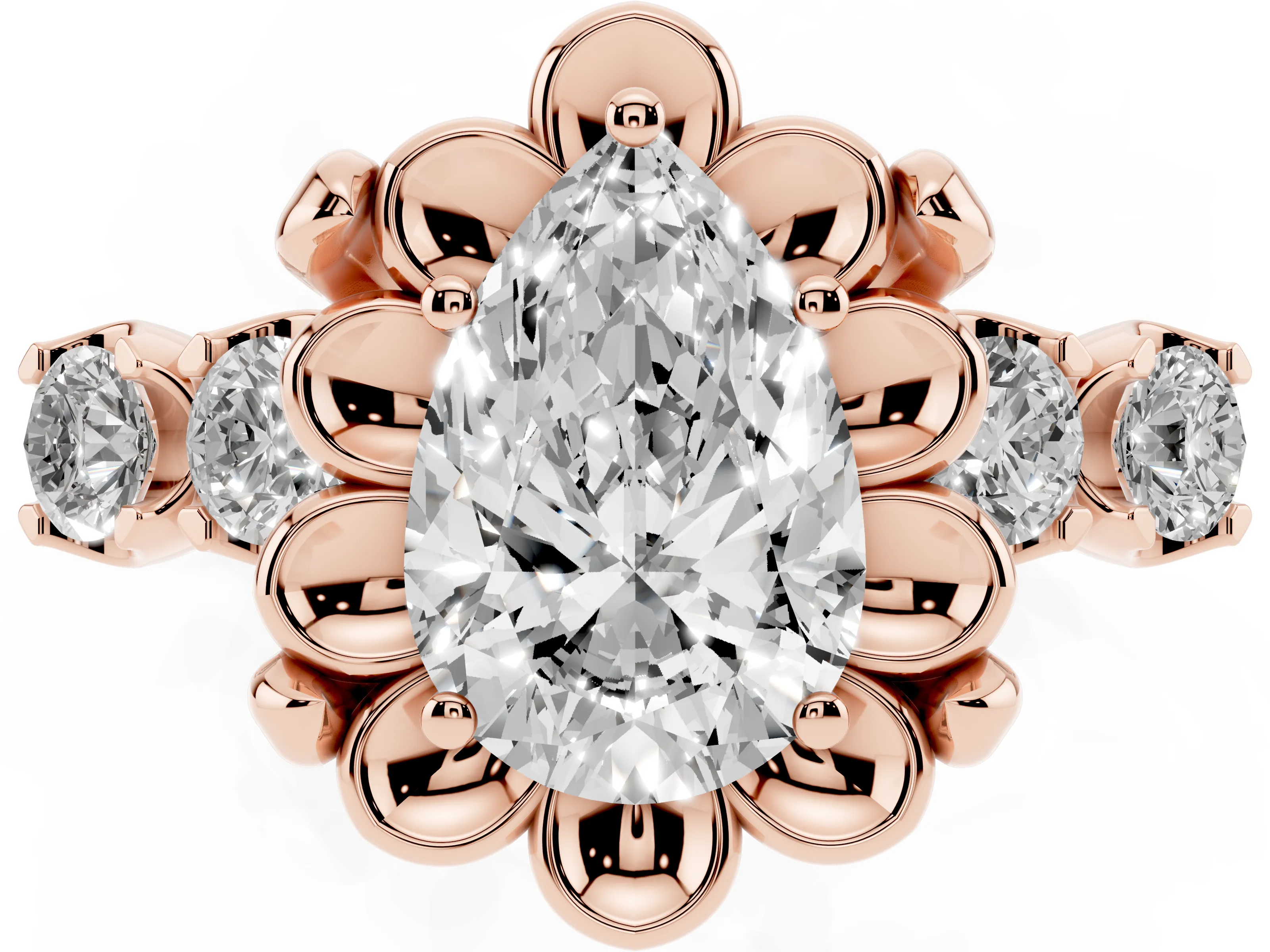 Pear Cut Diamond Floral Halo Ring Set in Rose gold with Shared Prong Band