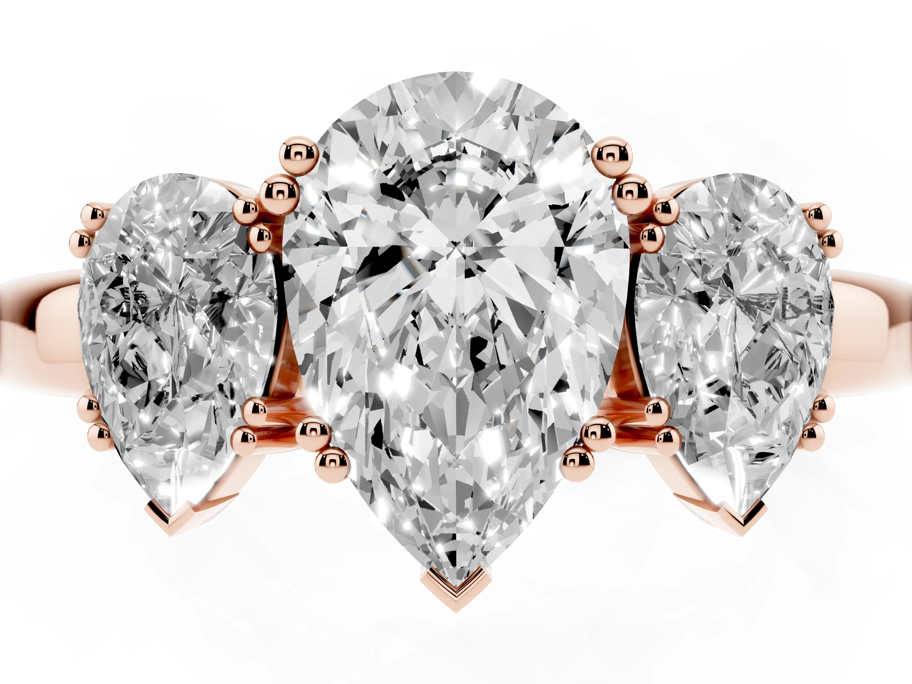 Pear Cut Diamond Three-Stone Ring Set in Rose gold with Polished Channel-Set Band
