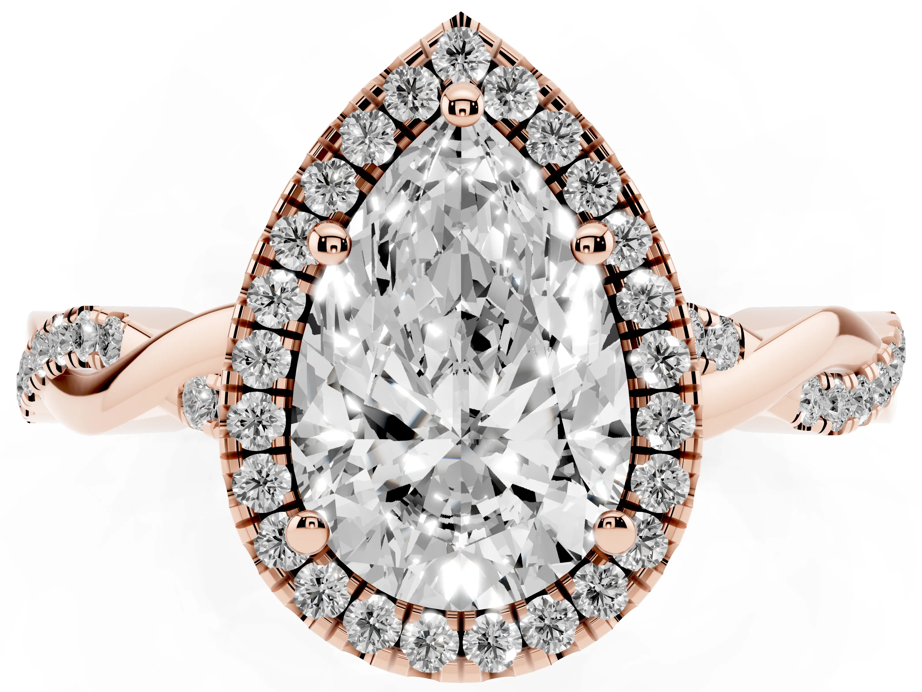 Pear Cut Diamond Halo Twisted Band Ring Set in Rose gold with Prong Setting