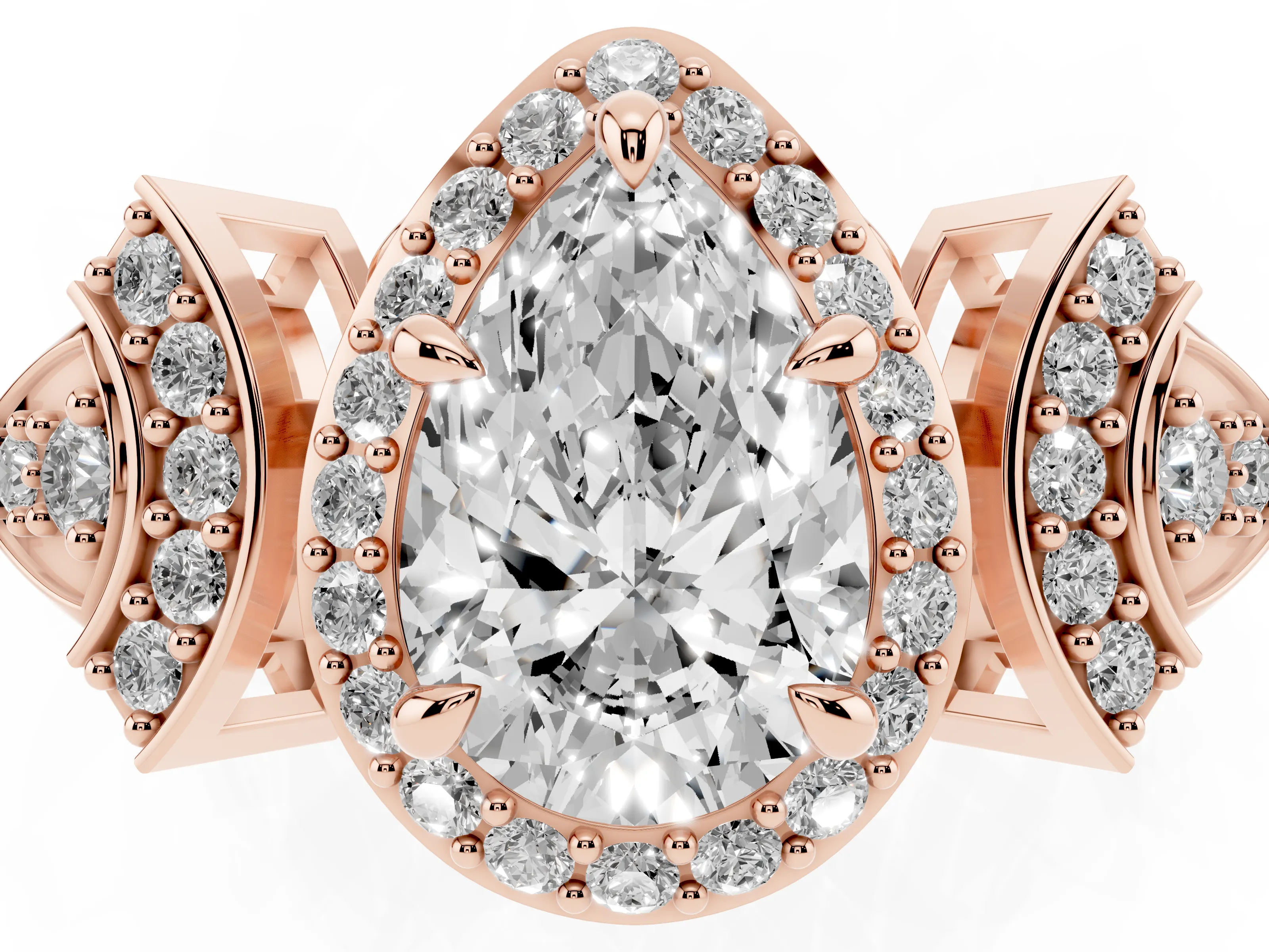 Pear Cut Diamond Halo Engagement Ring Set in Rose gold with Accent Stone Split Shank