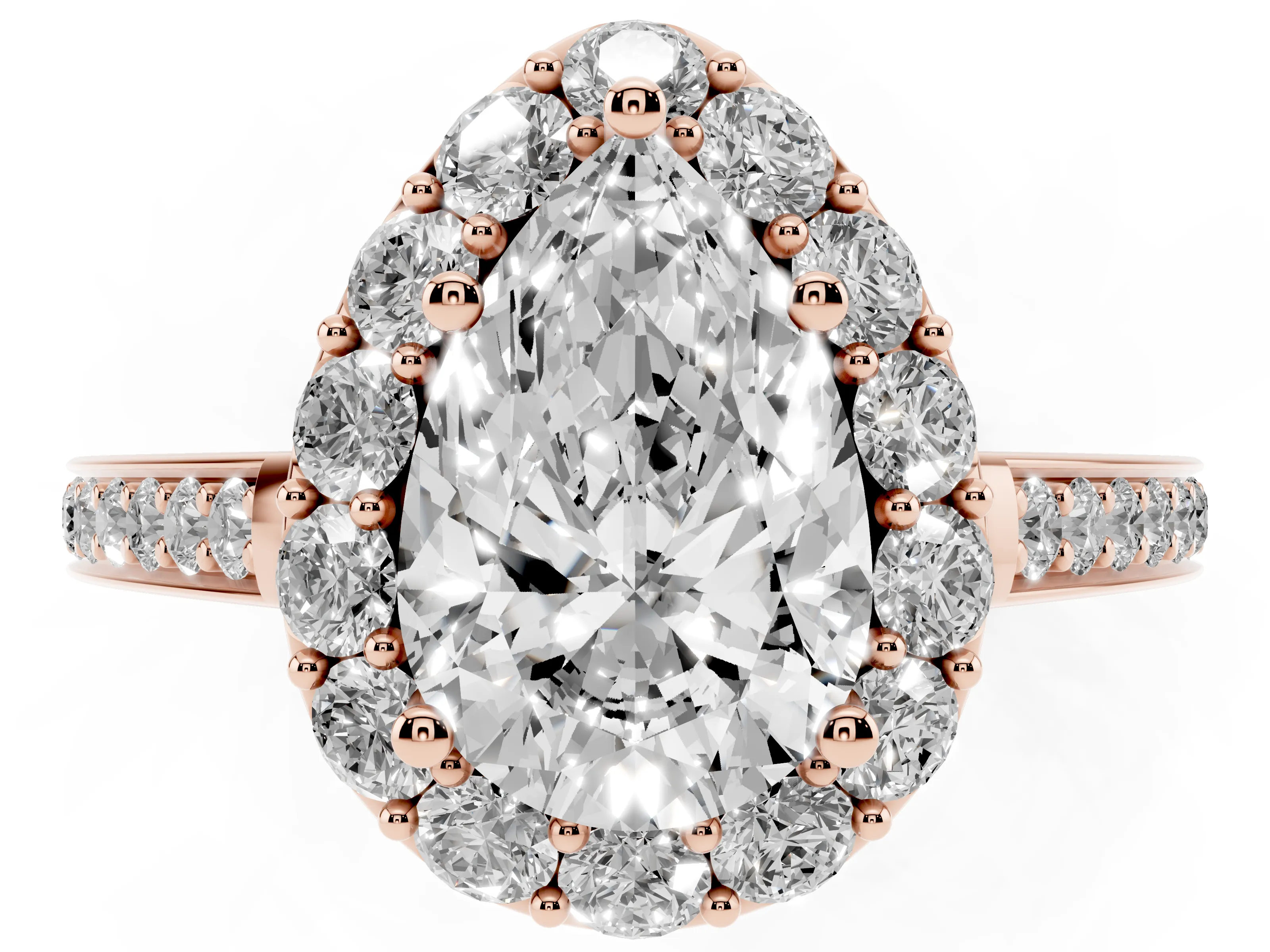 Pear Cut Diamond Floral Halo Ring Set in Rose gold with Pavé Band and Prong Setting