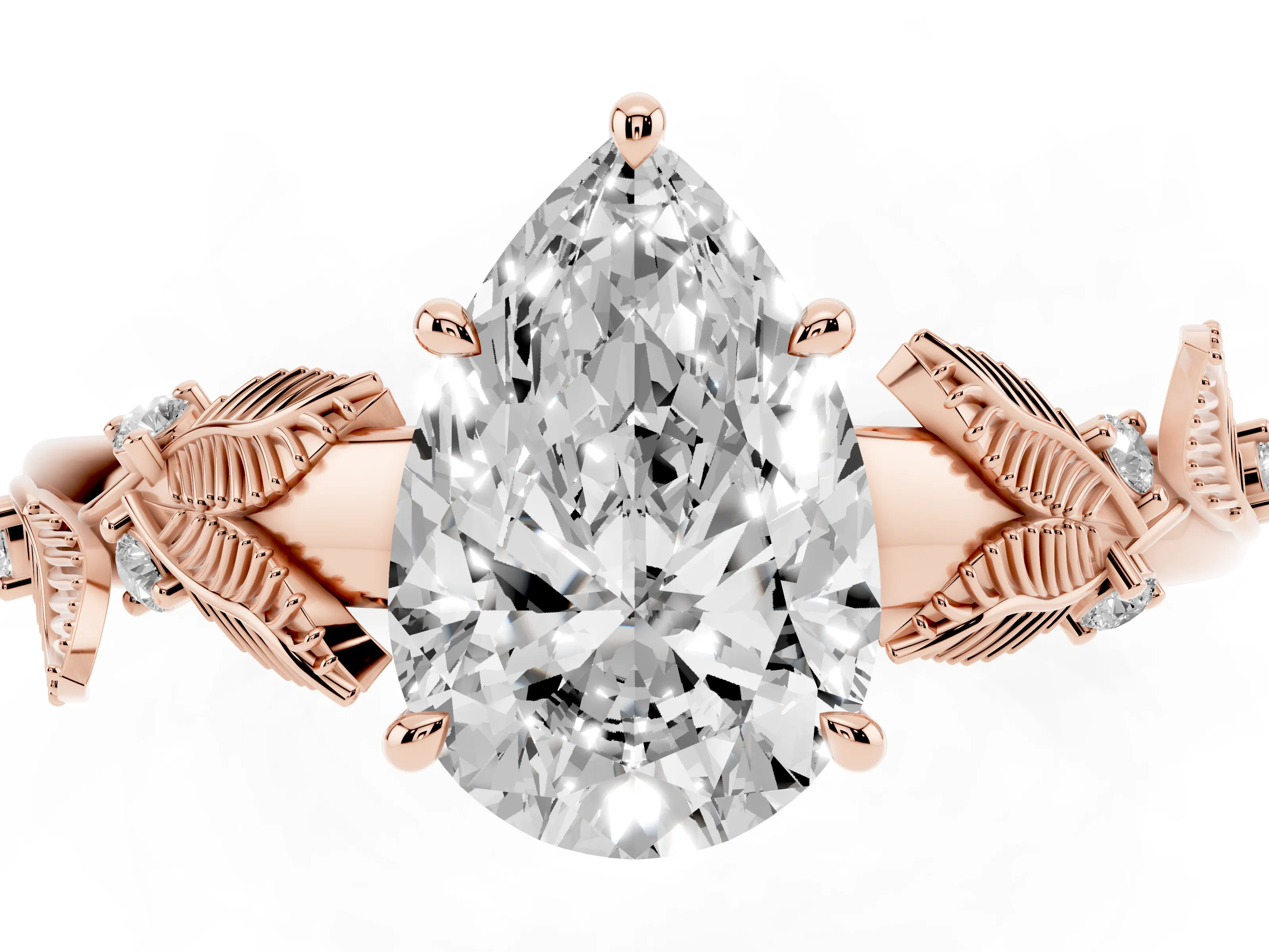 Pear Cut Diamond Solitaire Ring Set in Rose gold with Leaf Motif Band