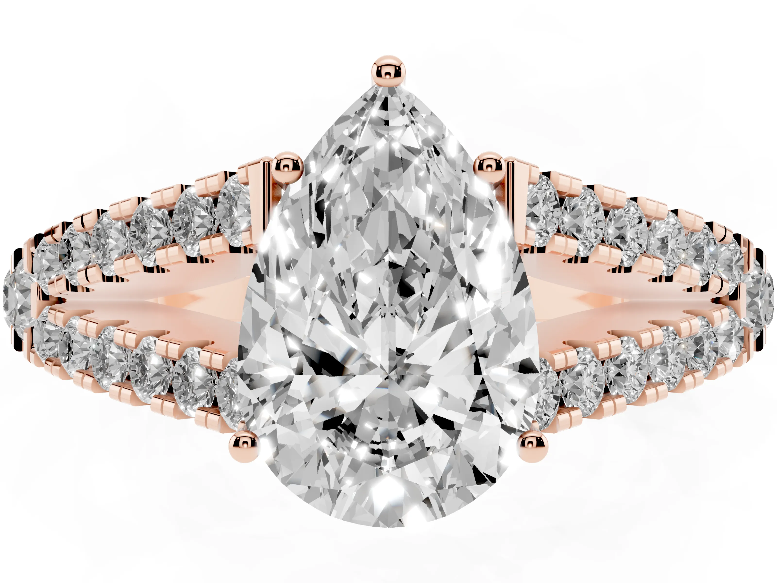 Pear Cut Diamond Split Shank Pavé Engagement Ring Set in Rose gold with Prong-Held Center Stone