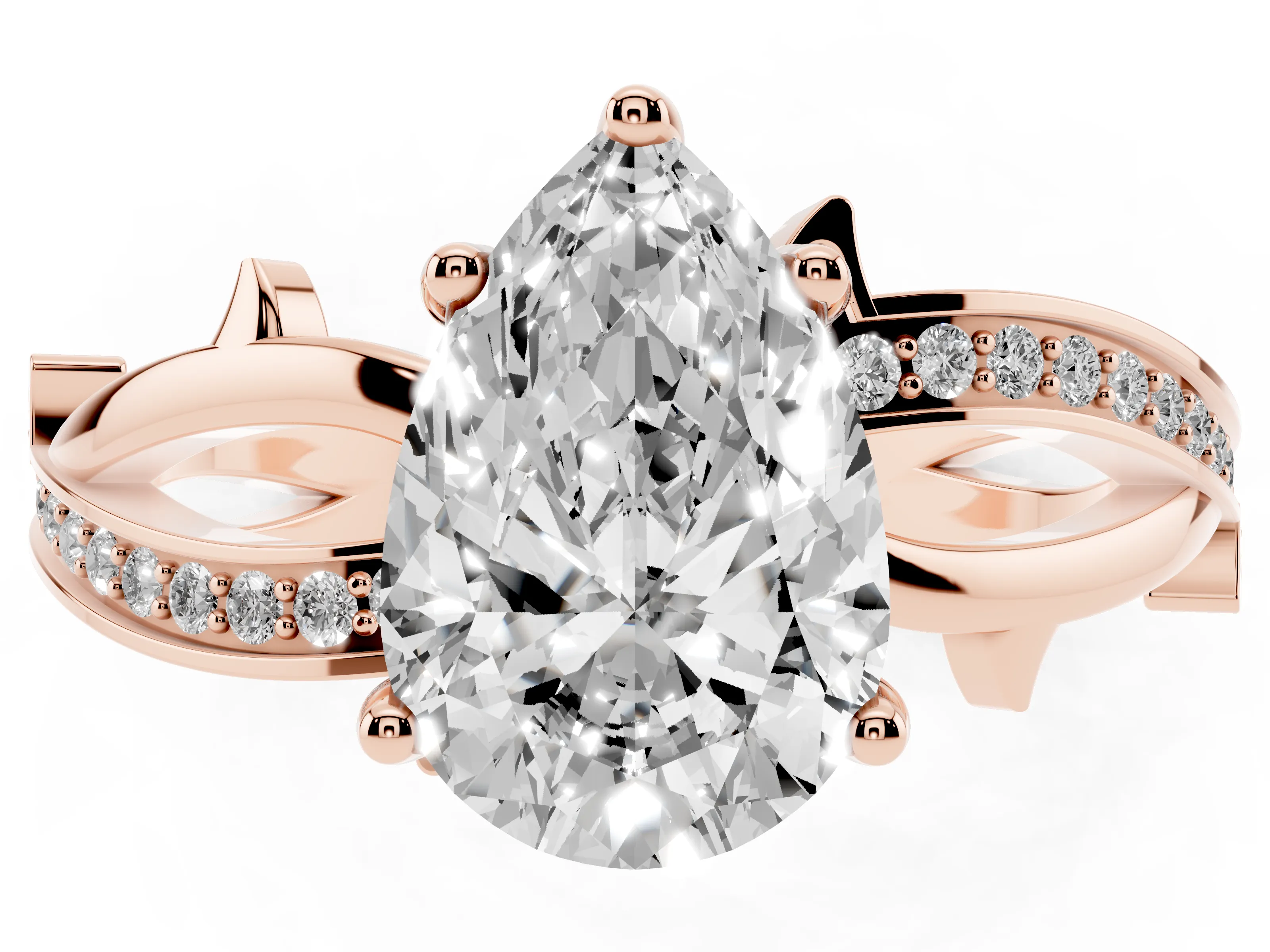 Pear Cut Diamond Pavé Twist Band Solitaire Ring Set in Rose gold with Prong Setting