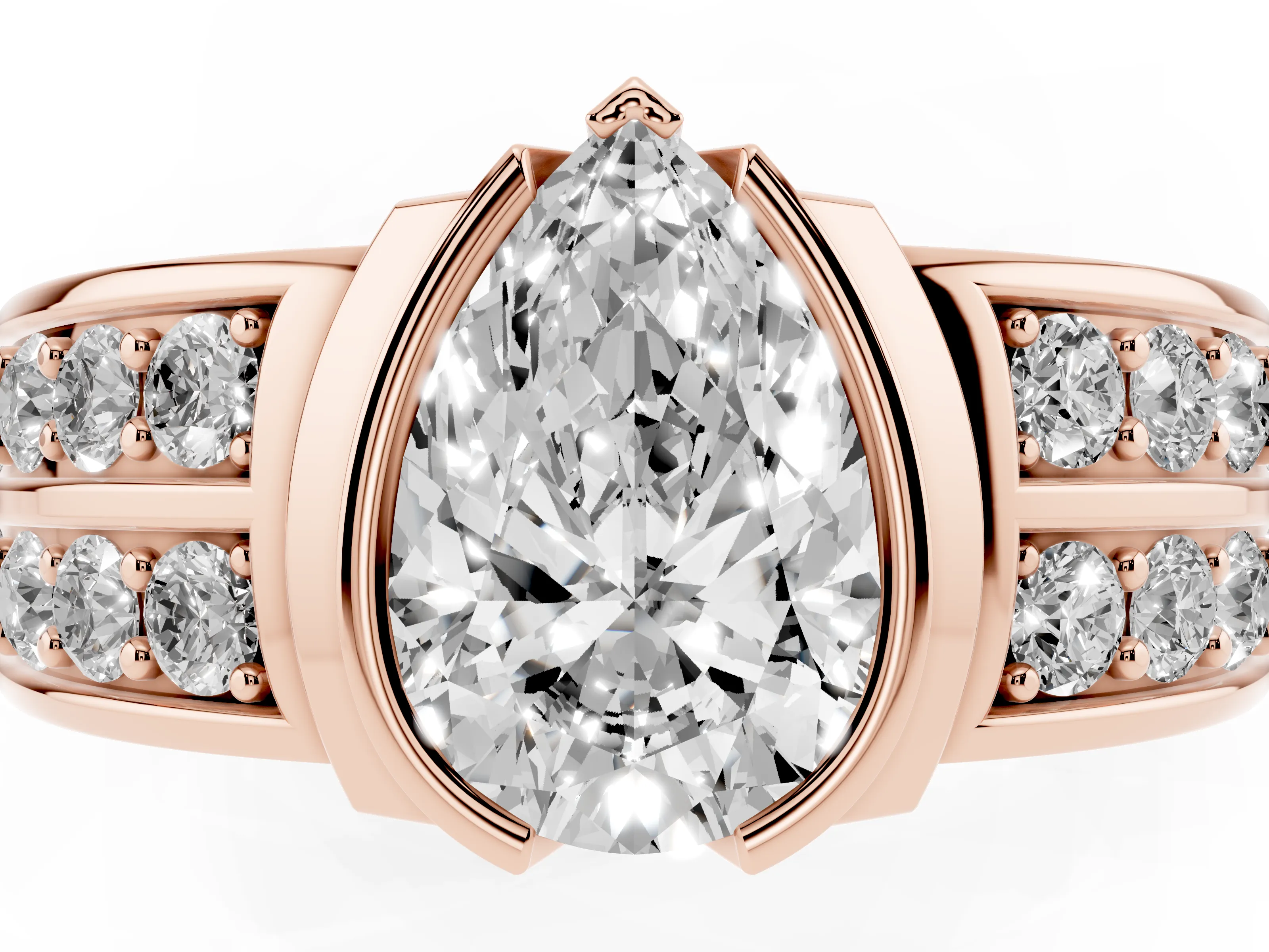 Pear Cut Diamond Wide Channel Set Band Ring Set in Rose gold with Bezel Setting