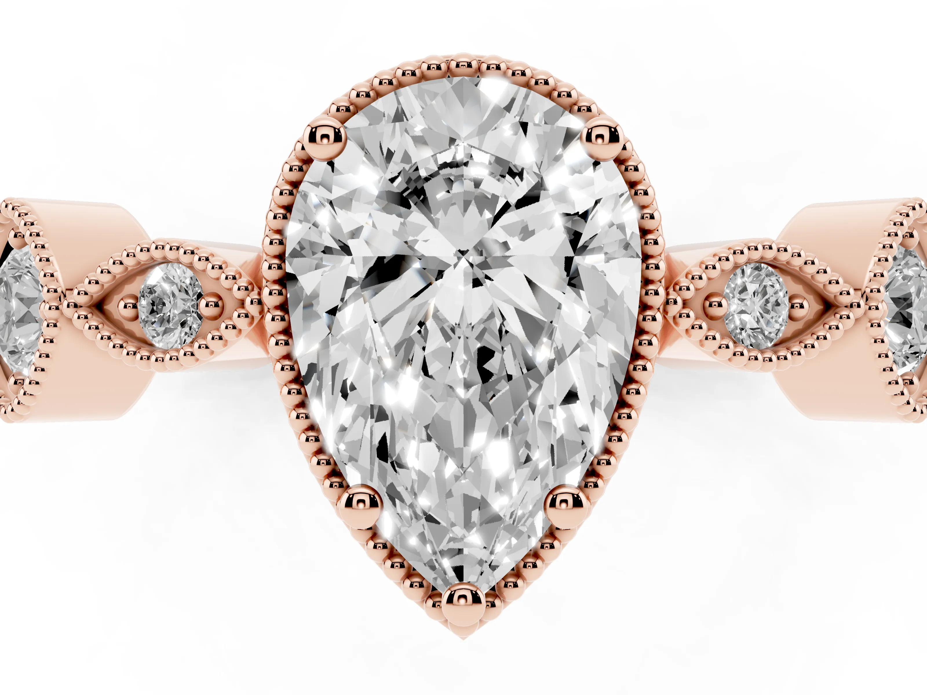 Pear Cut Diamond Vintage-Inspired Milgrain Ring Set in Rose gold with Marquise Stations of Round Accents