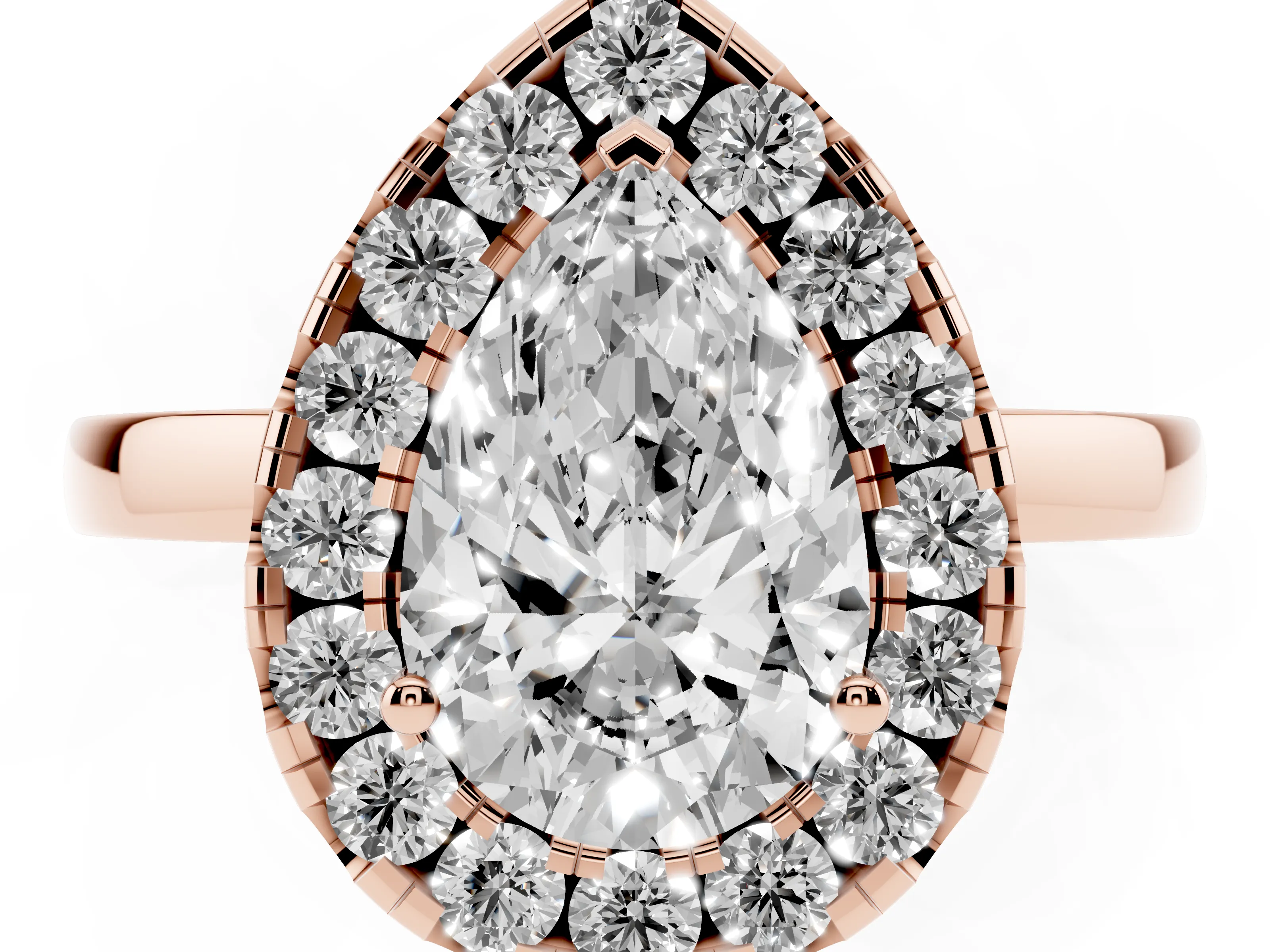 Pear Cut Diamond Halo Solitaire Ring Set in Rose gold with Pavé Band and Prong Setting