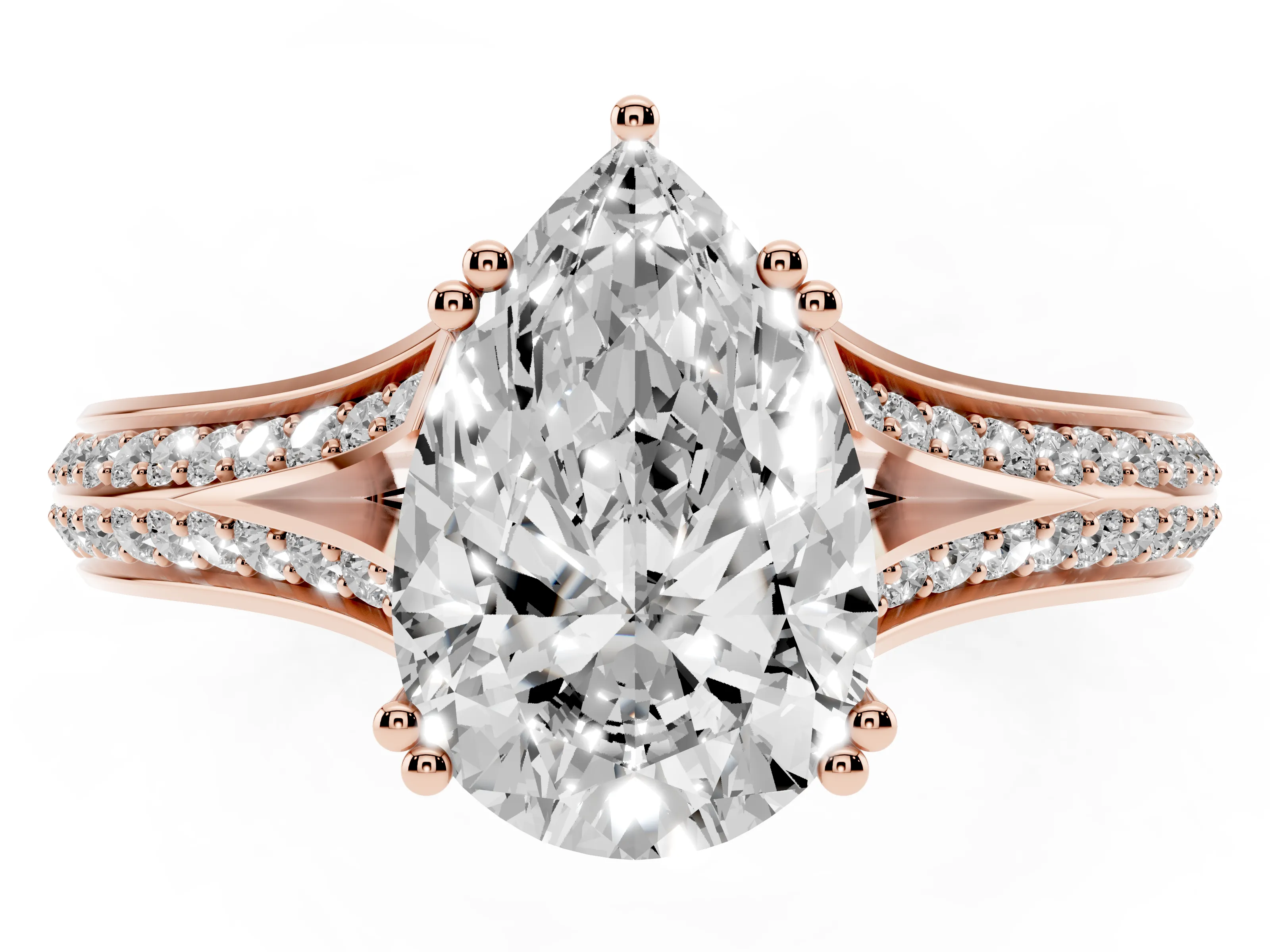Pear Cut Diamond Split Shank Pavé Engagement Ring Set in Rose gold with Prong-Set Center Stone