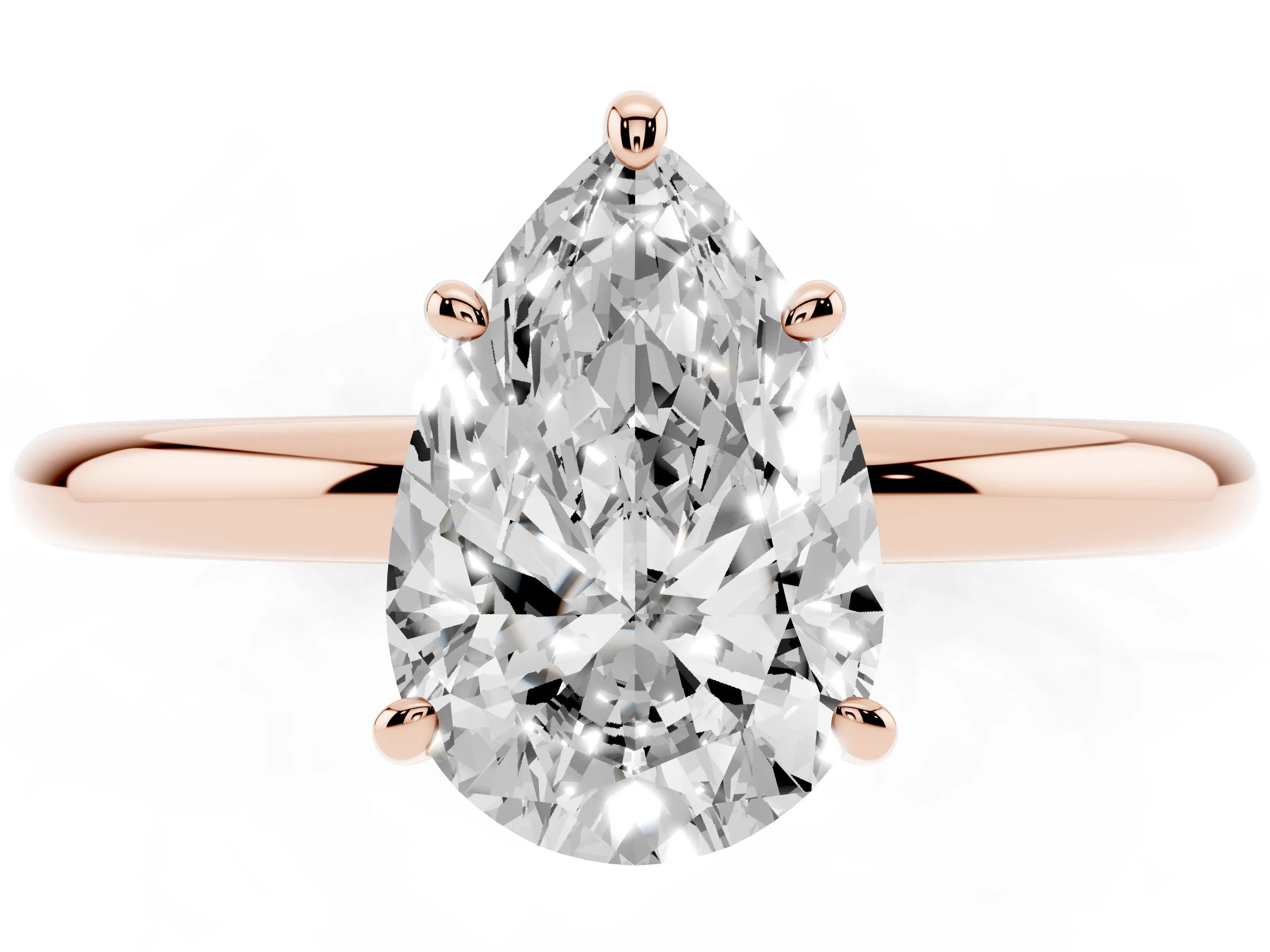 Pear Cut Diamond Solitaire Ring Set in Rose gold with Prong Setting on a Polished Plain Band