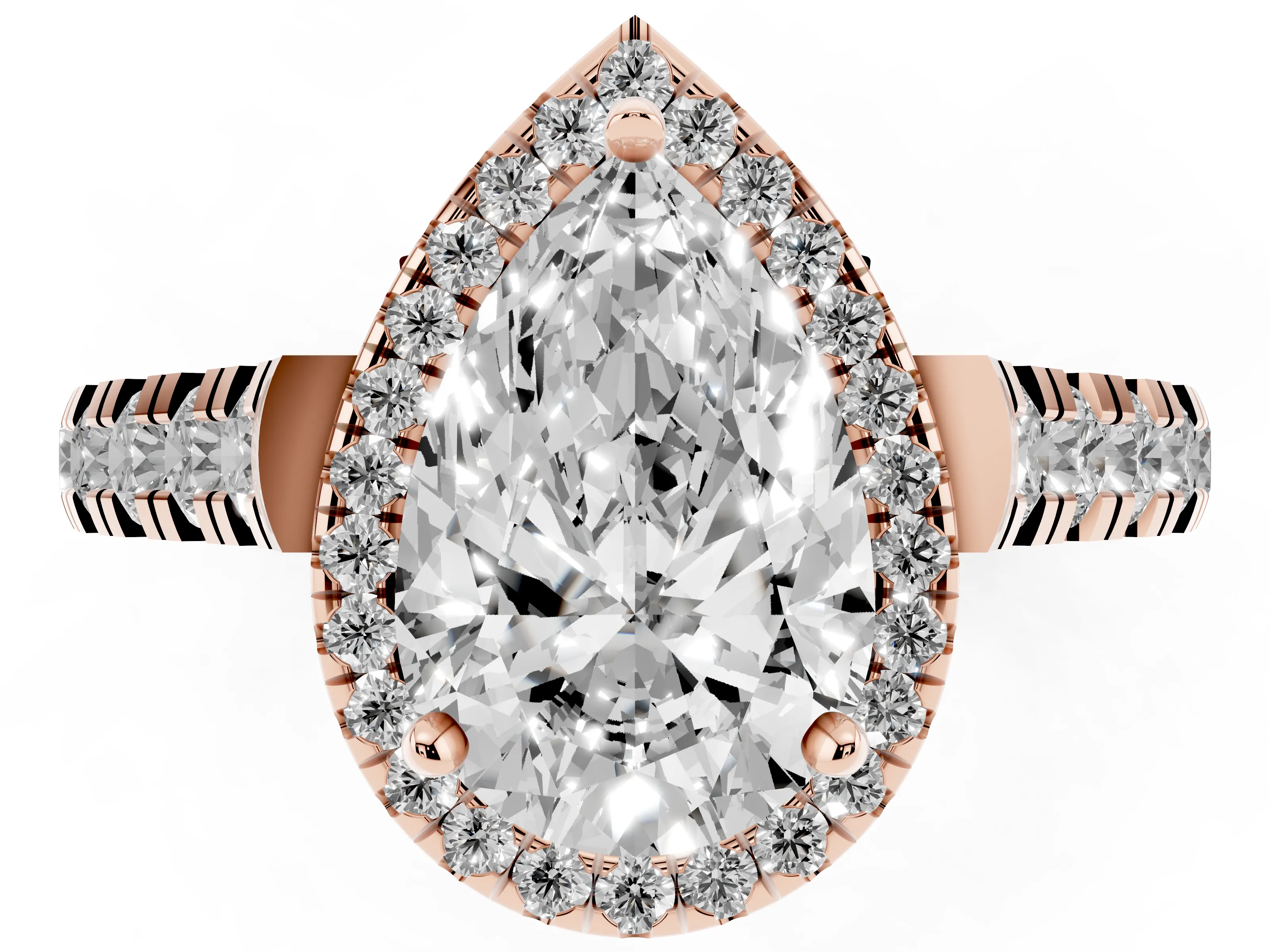 Pear Cut Diamond Halo Engagement Ring Set in Rose gold with Pavé Band and Prong-Set Center