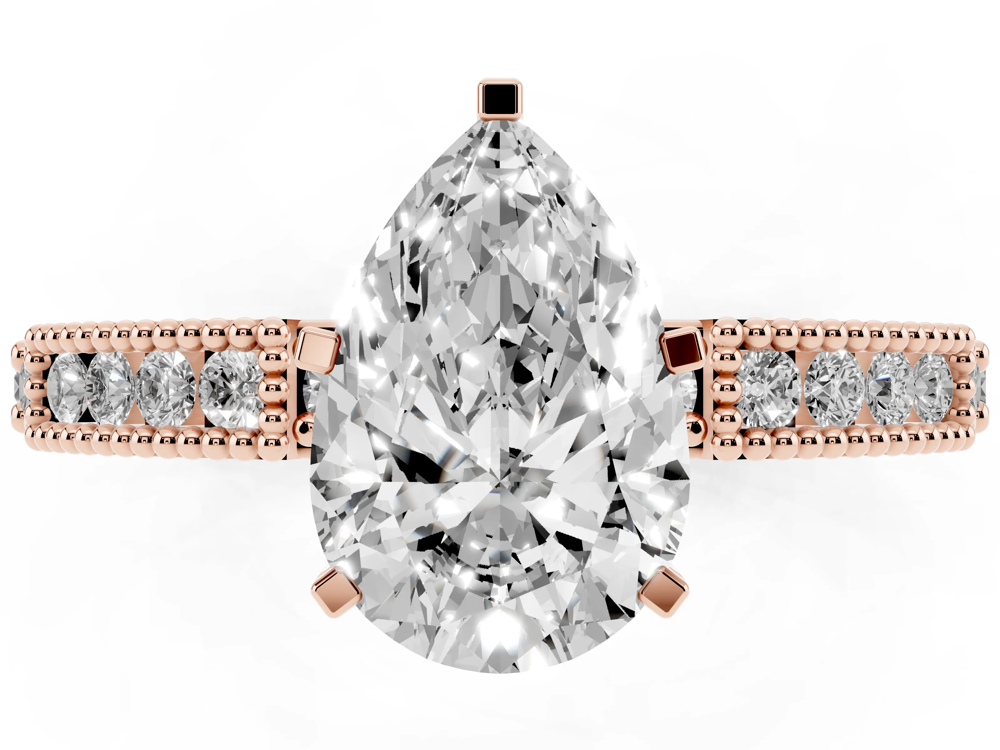 Pear Cut Diamond Solitaire Ring Set in Rose gold with Slim Pavé Band and Prong Setting