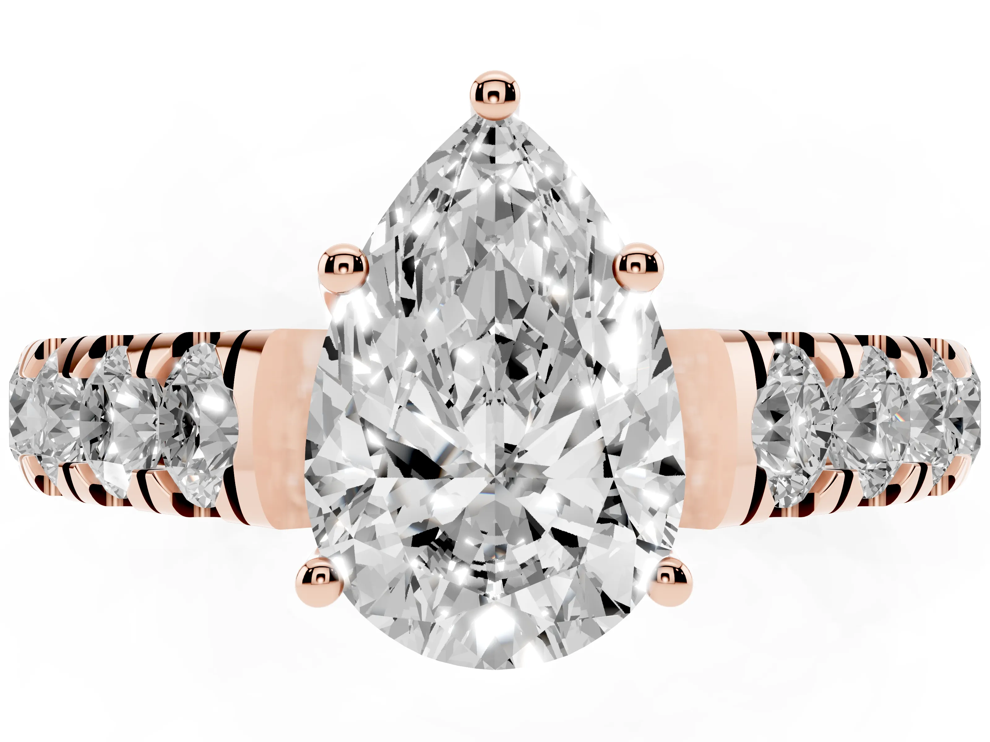 Pear Cut Diamond Solitaire Ring Set in Rose gold with Cut-Down Micro Pavé Band and Prong Setting