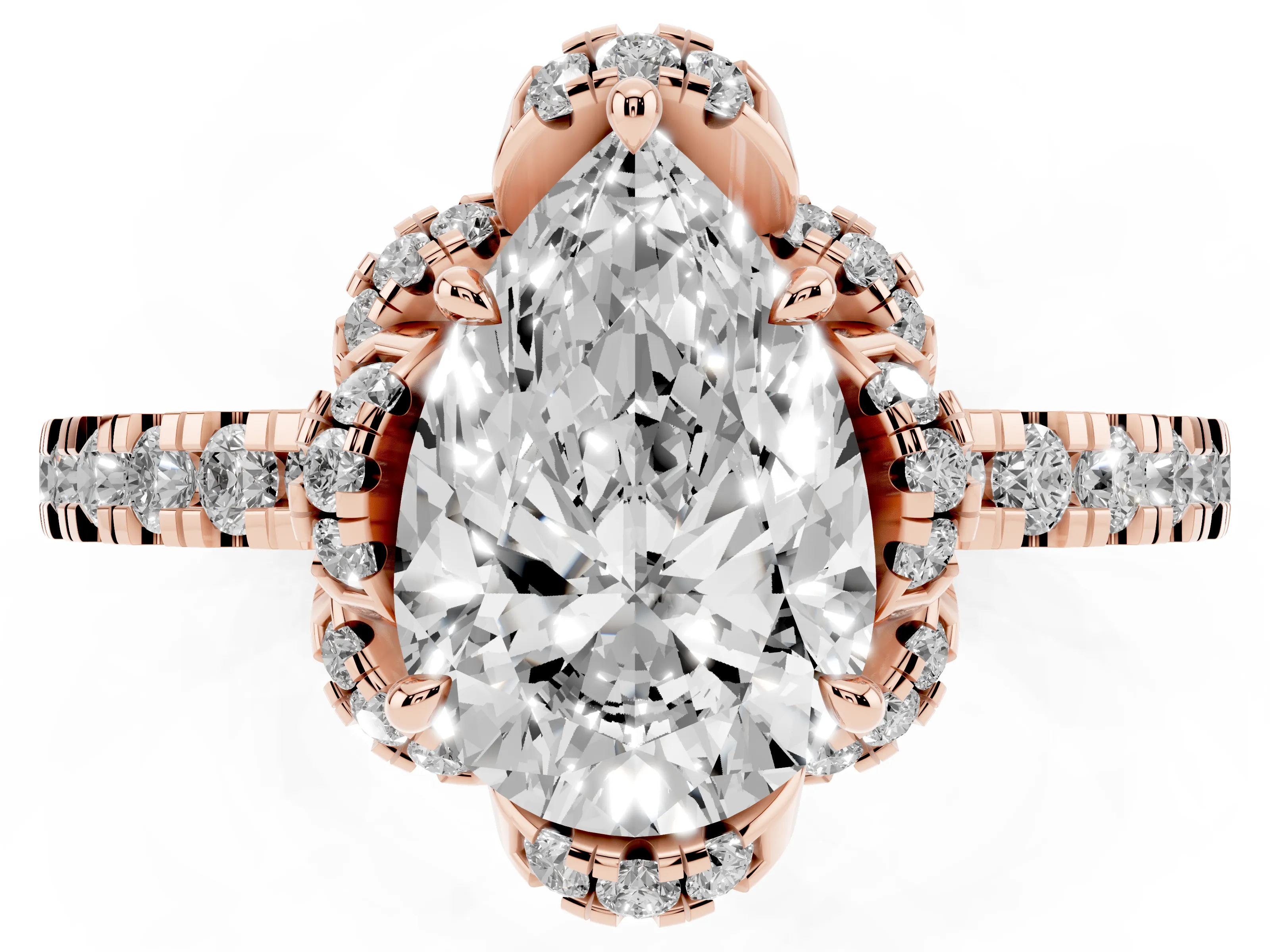 Pear Cut Diamond Halo Pavé Band Ring Set in Rose gold with Prong-Held Center