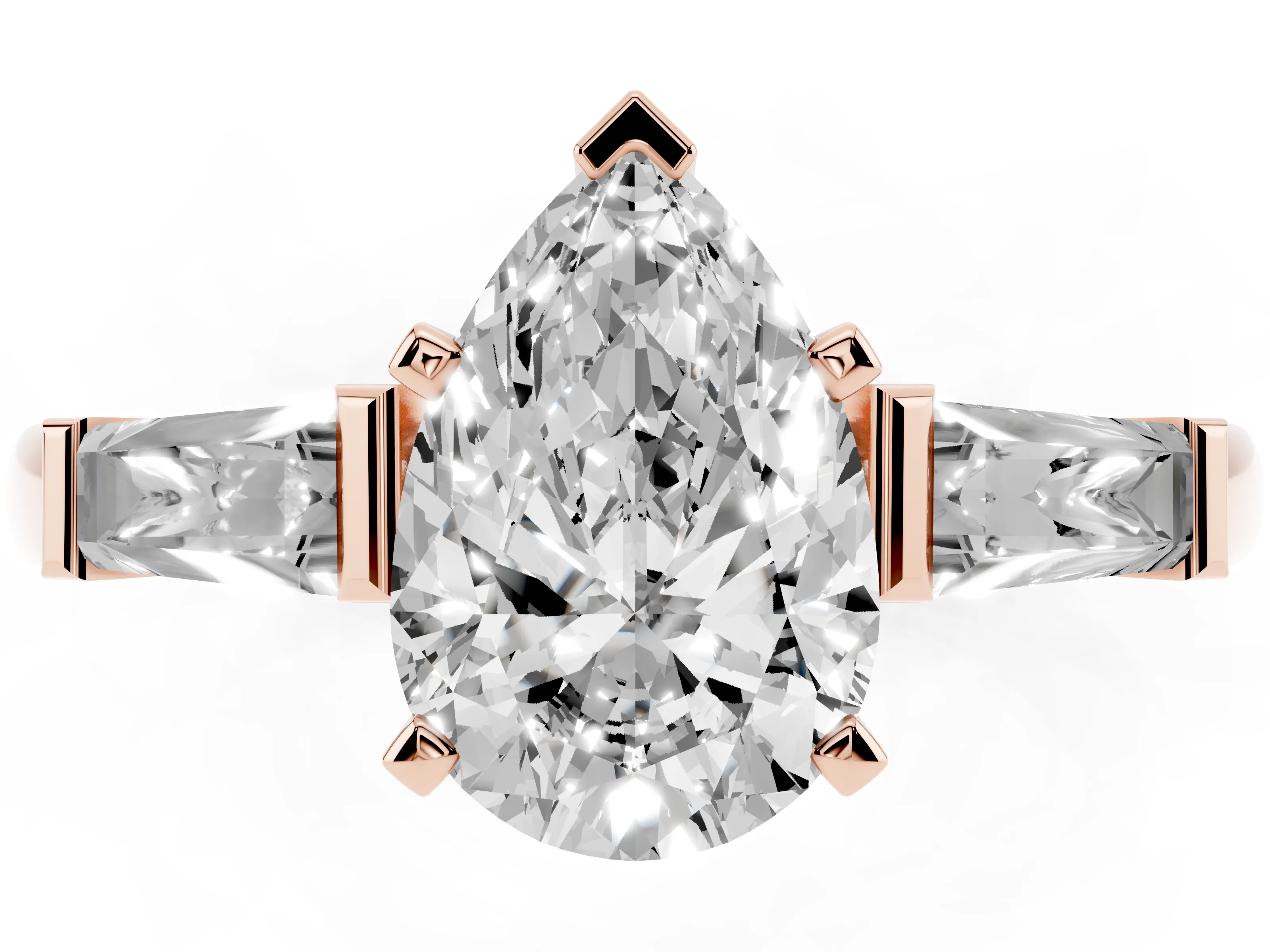 Pear Cut Diamond Solitaire Ring Set in Rose gold with Tapered Baguette Side Stones and Prong Setting