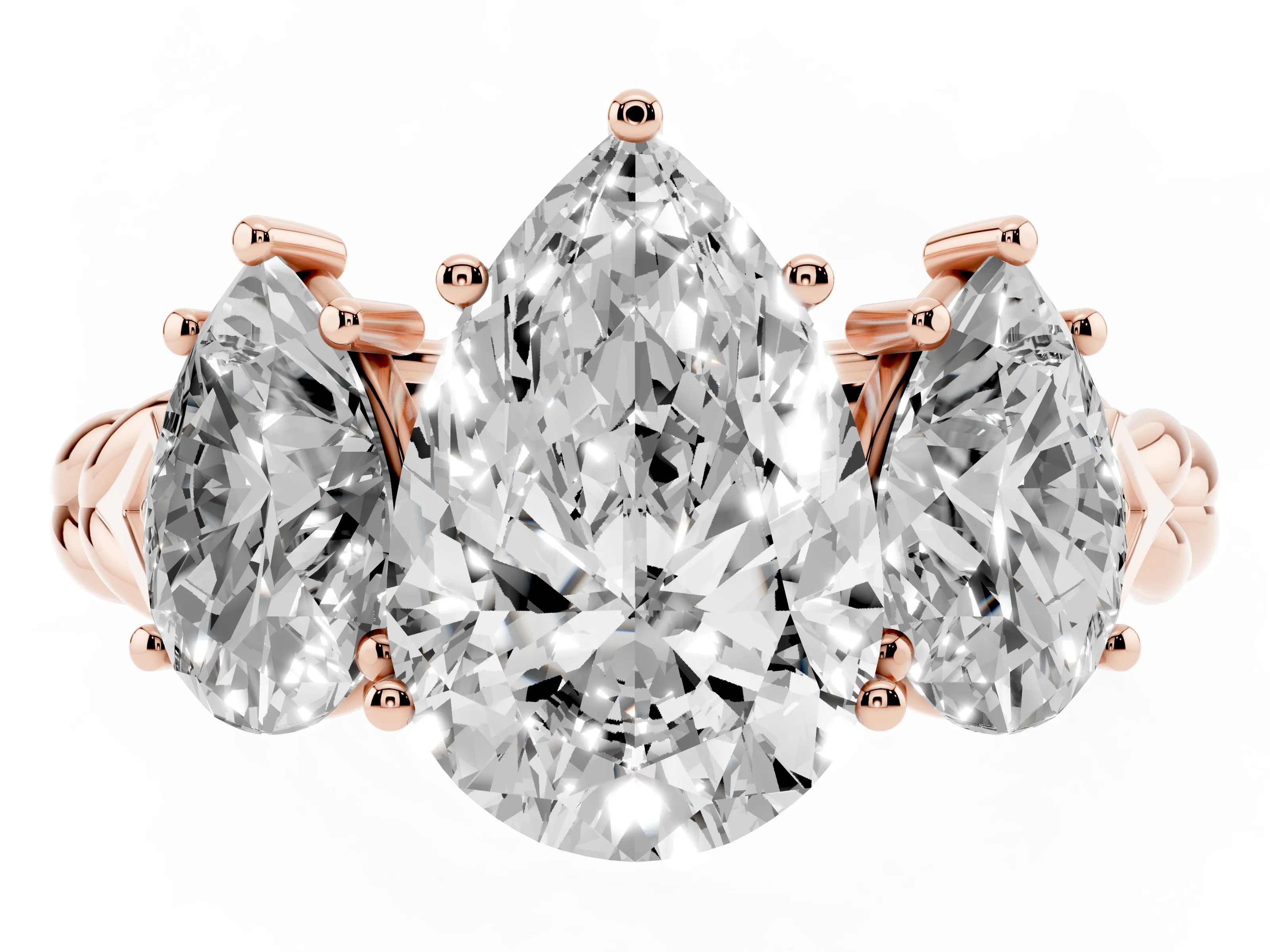 Pear Cut Diamond Three-Stone Ring Set in Rose gold with Braided Band