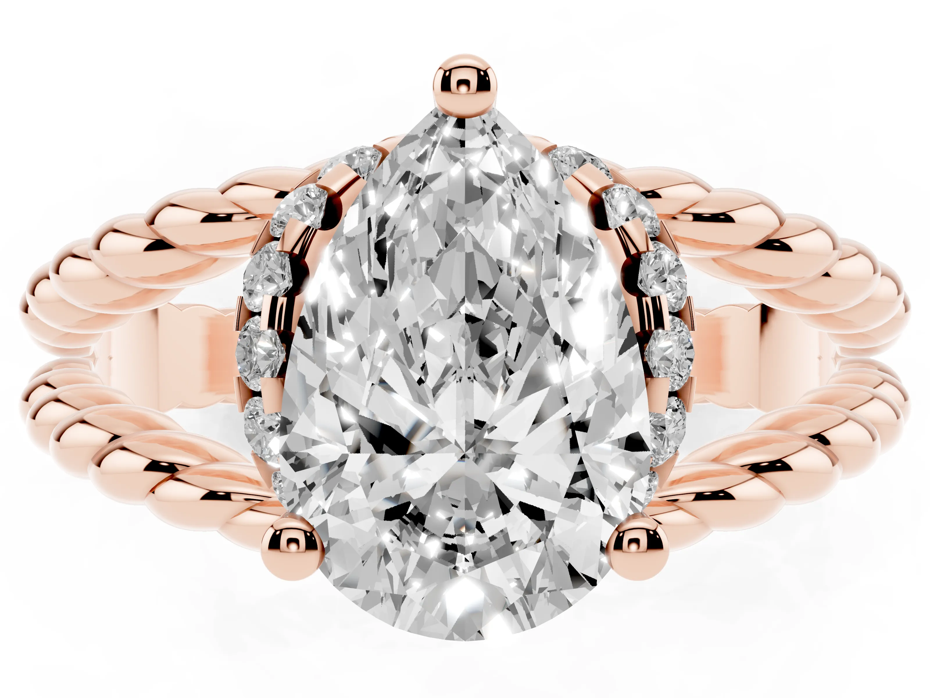Pear Cut Diamond Halo Ring Set in Rose gold with Twisted Band and Prong Setting