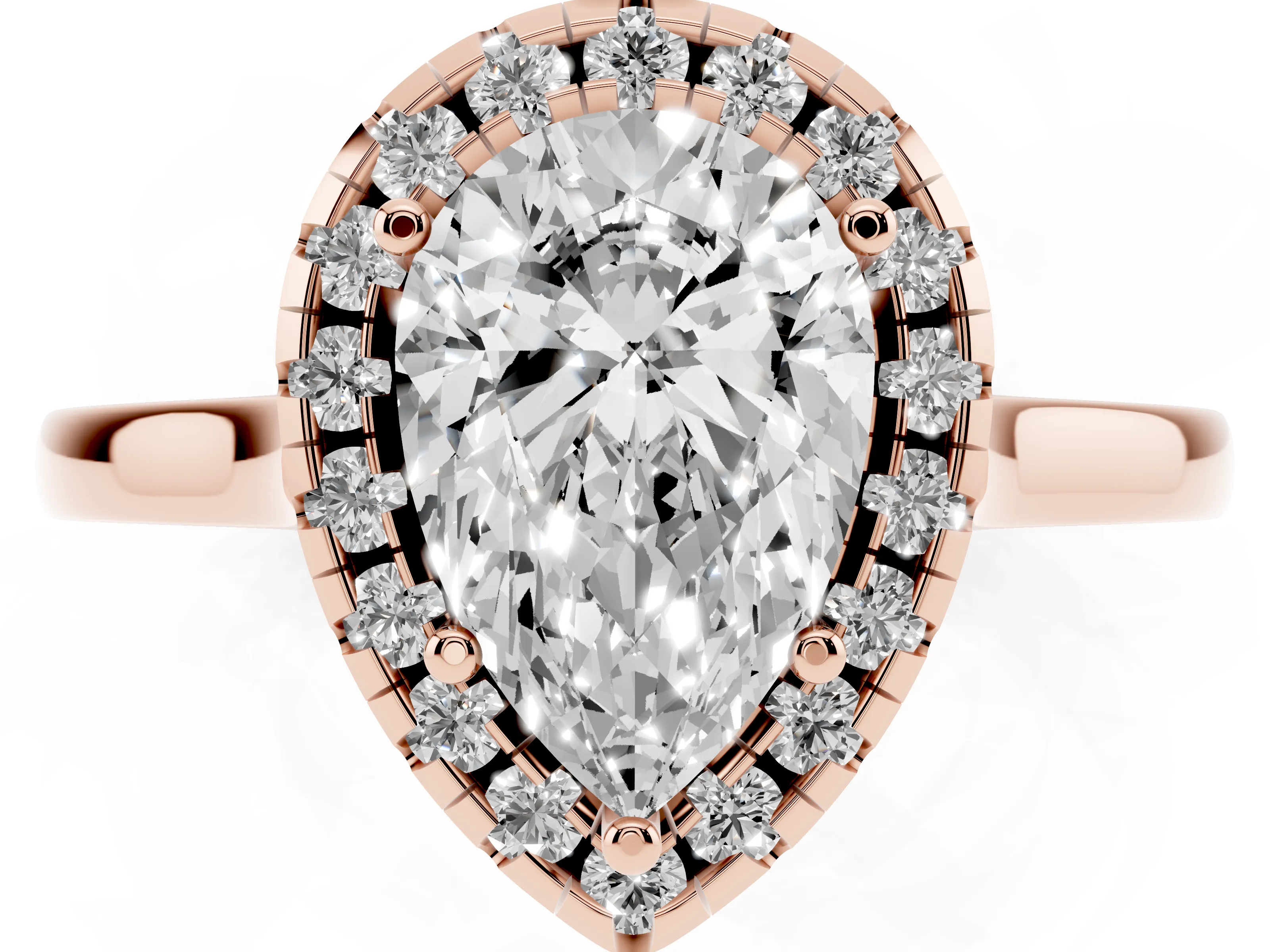 Pear Cut Halo Round Diamond Solitaire Ring Set in Rose gold with Pavé Band and Prong Setting