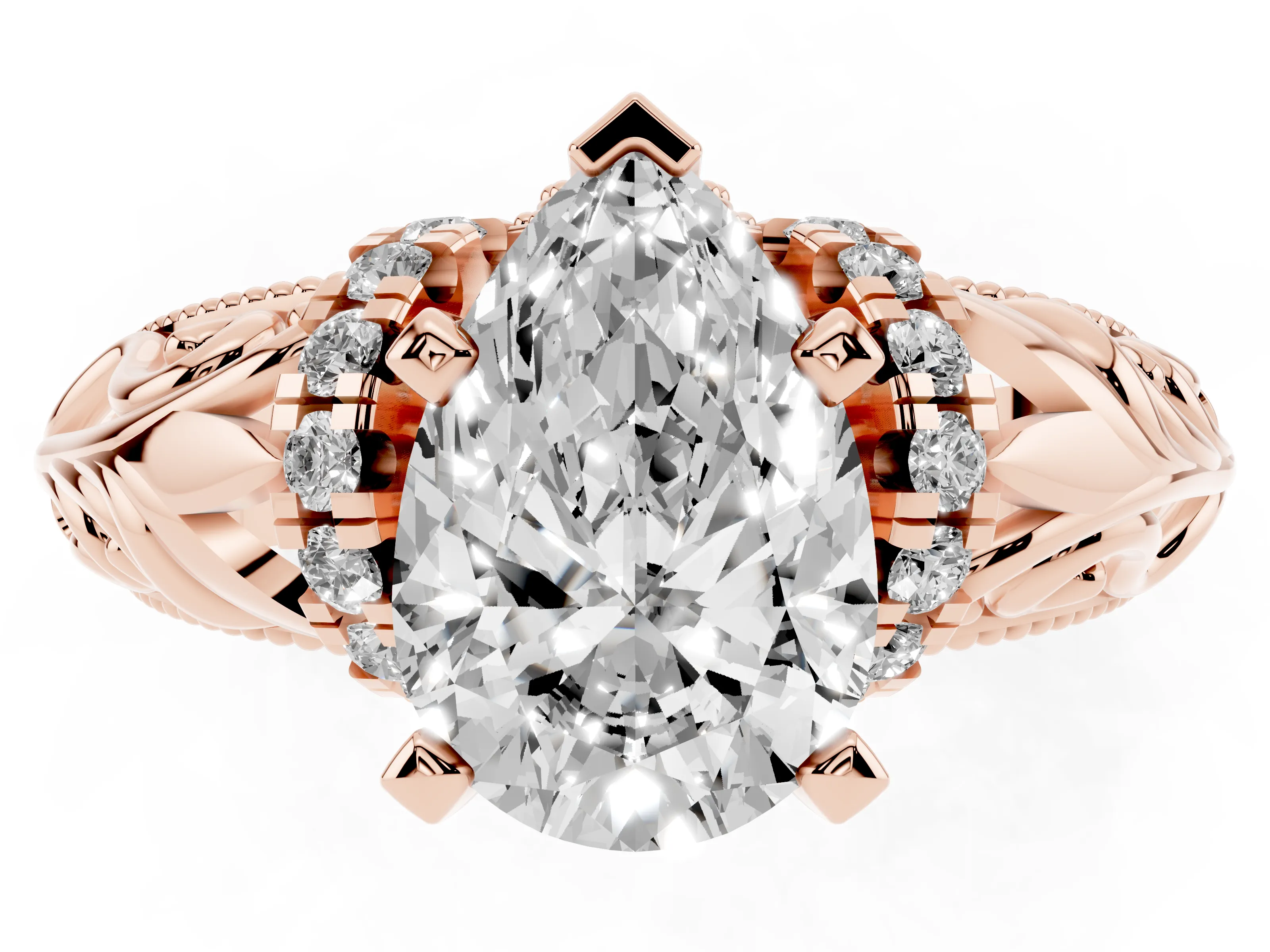 Pear Cut Diamond Filigree Halo Engagement Ring Set in Rose gold with Prong Setting