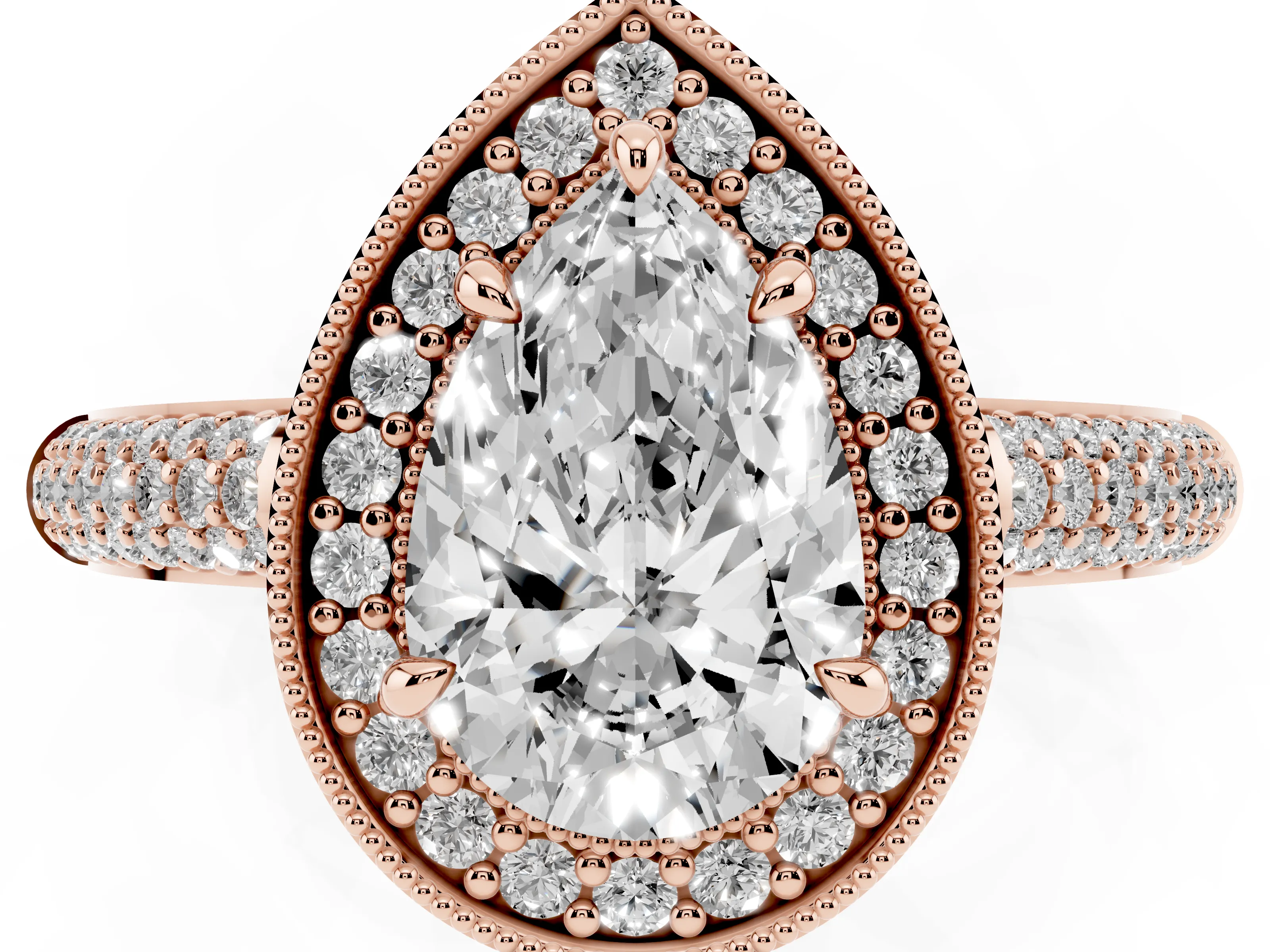 Pear Cut Diamond Halo Pavé Band Set in Rose gold with Prong Setting