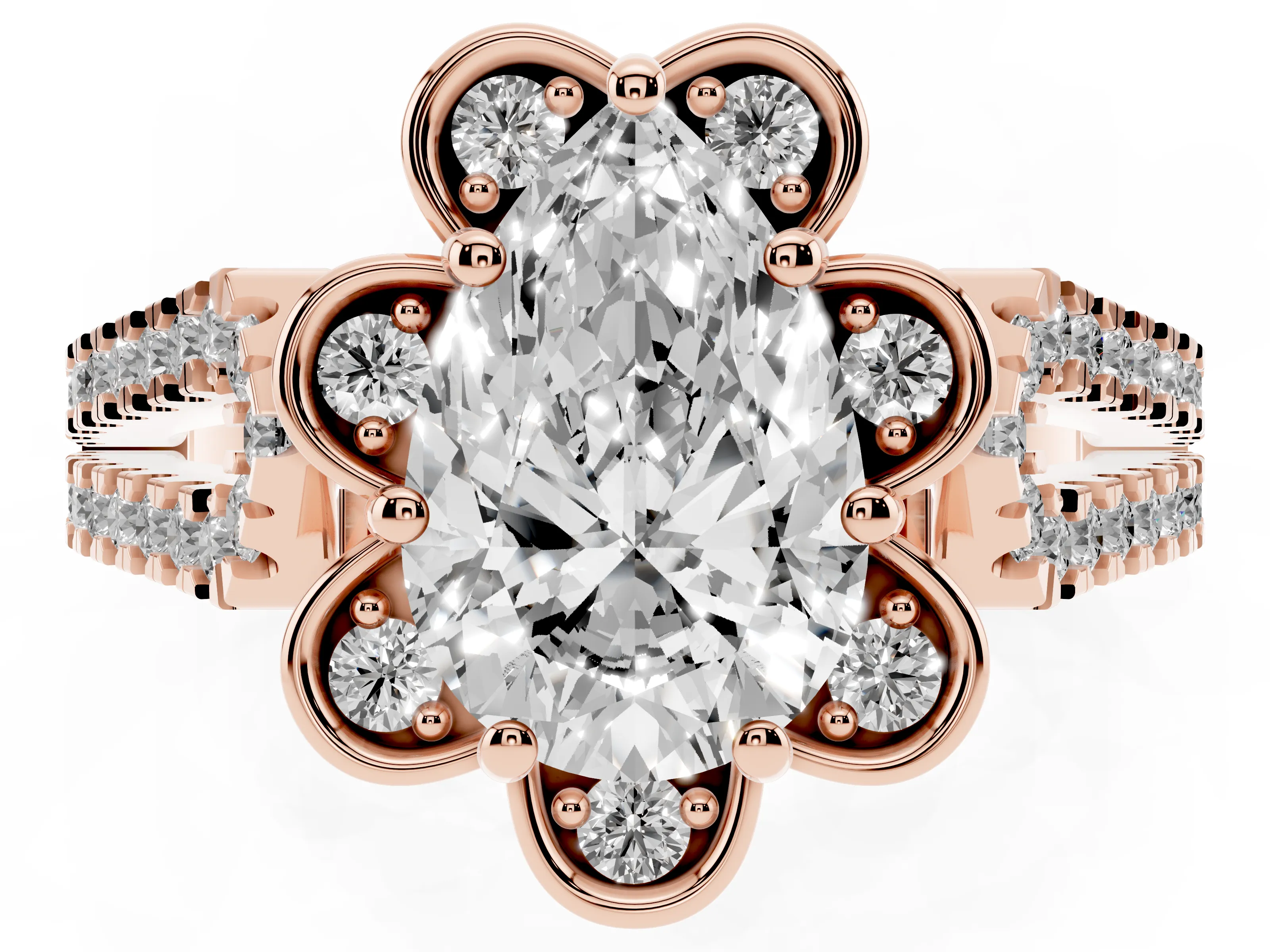 Pear Cut Diamond Floral Halo Split Shank Engagement Ring Set in Rose gold with Pavé Shank