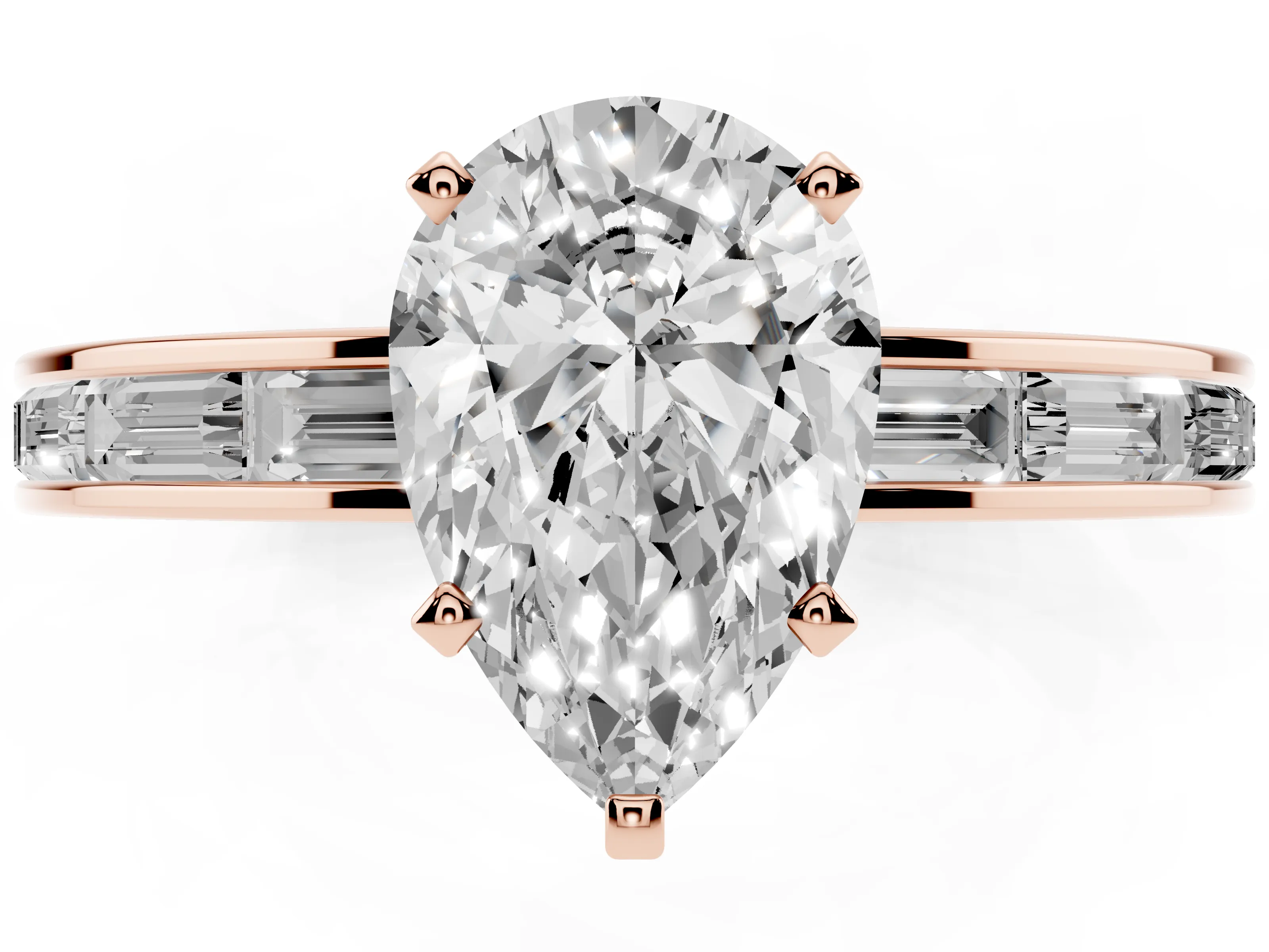 Pear Cut Diamond Solitaire Ring Set in Rose gold with Channel-Set Baguette Band and Prong Setting