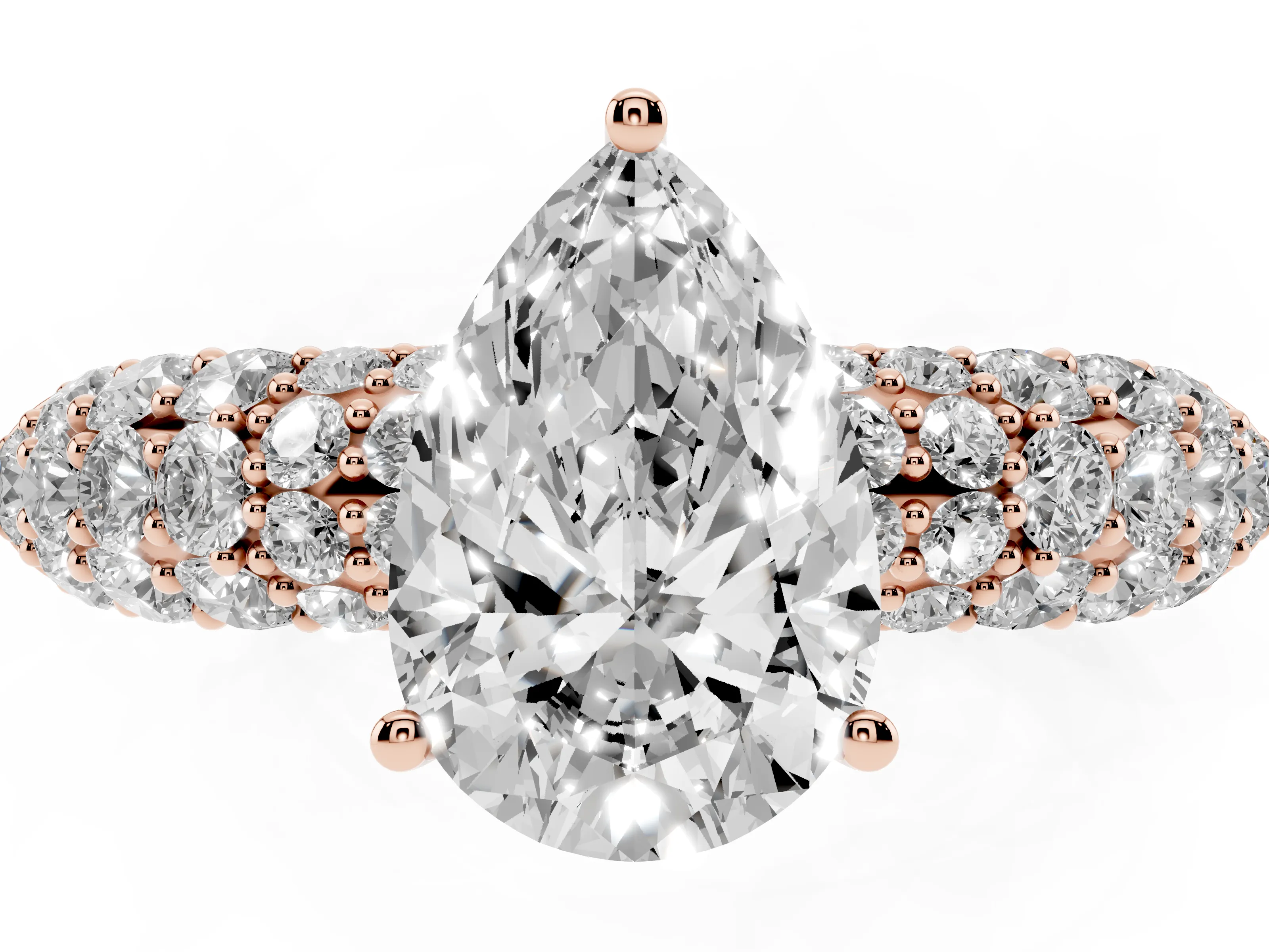 Pear Cut Diamond Pavé Band Solitaire Ring Set in Rose gold with Close-Set Accent Stones and Prong Setting