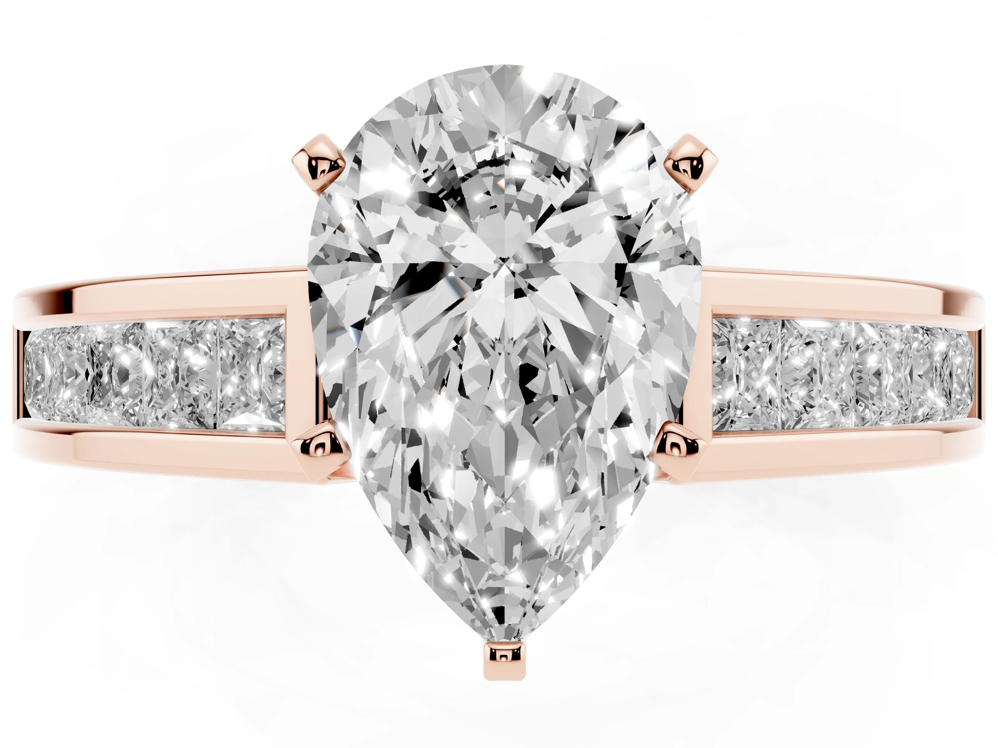 Pear Cut Diamond Solitaire Ring Set in Rose gold with Channel-Set Band and Prong Setting