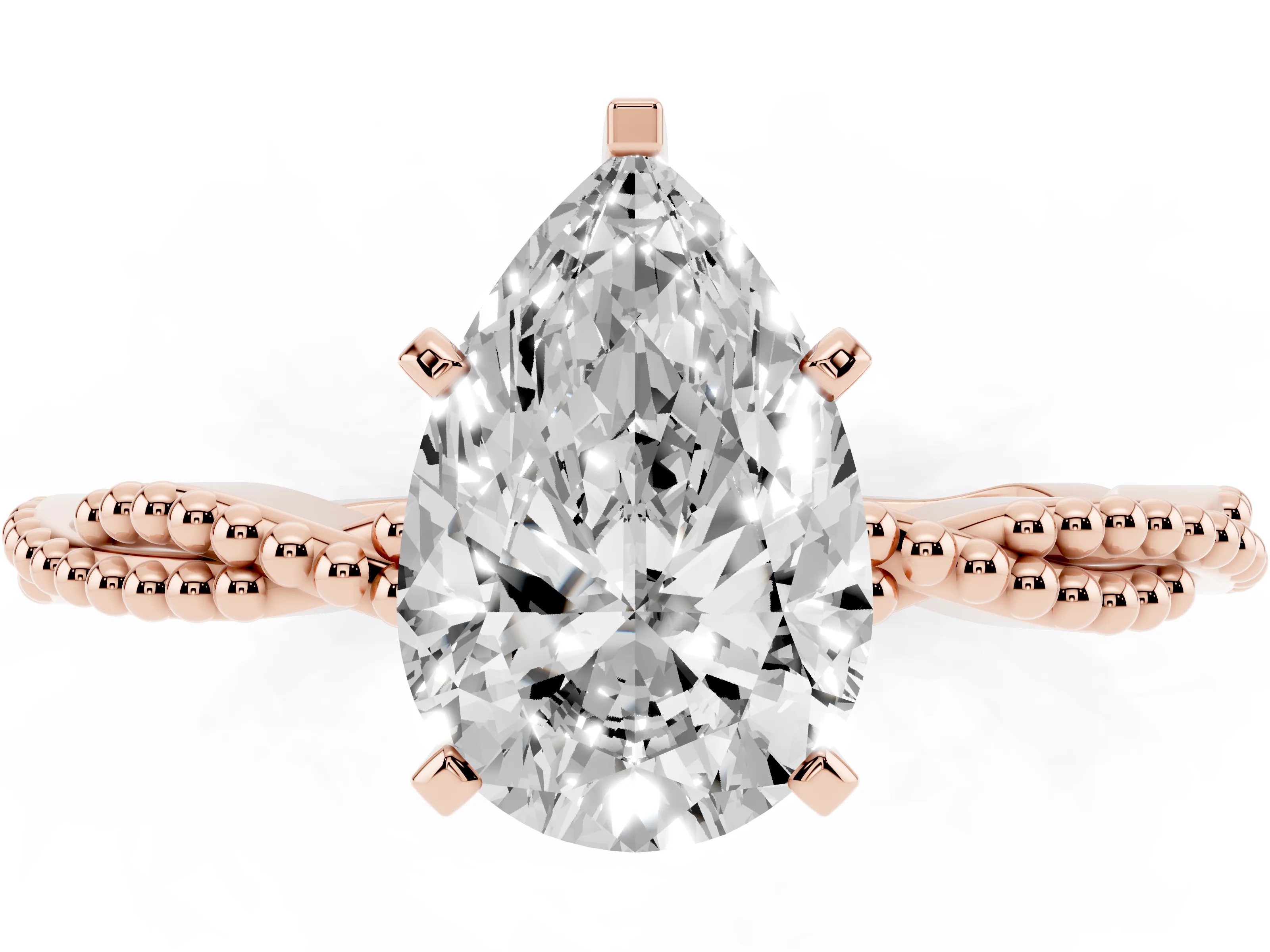Pear Cut Diamond Solitaire Ring Set in Rose gold with Twisted Band and Bead Prong Setting