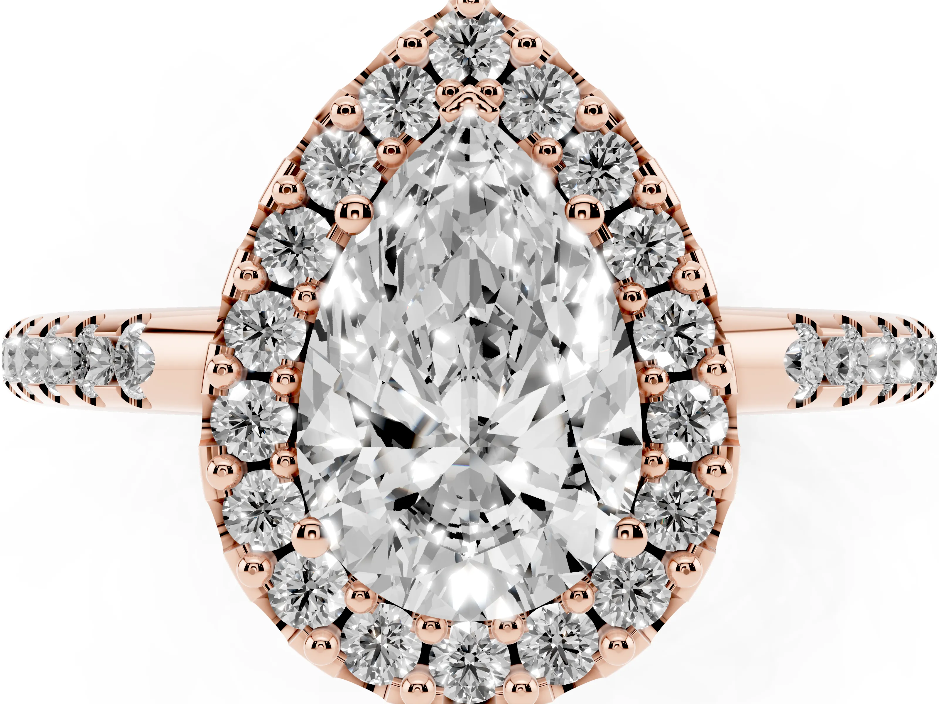 Pear Cut Diamond Pavé Halo Ring Set in Rose gold with Prong Setting
