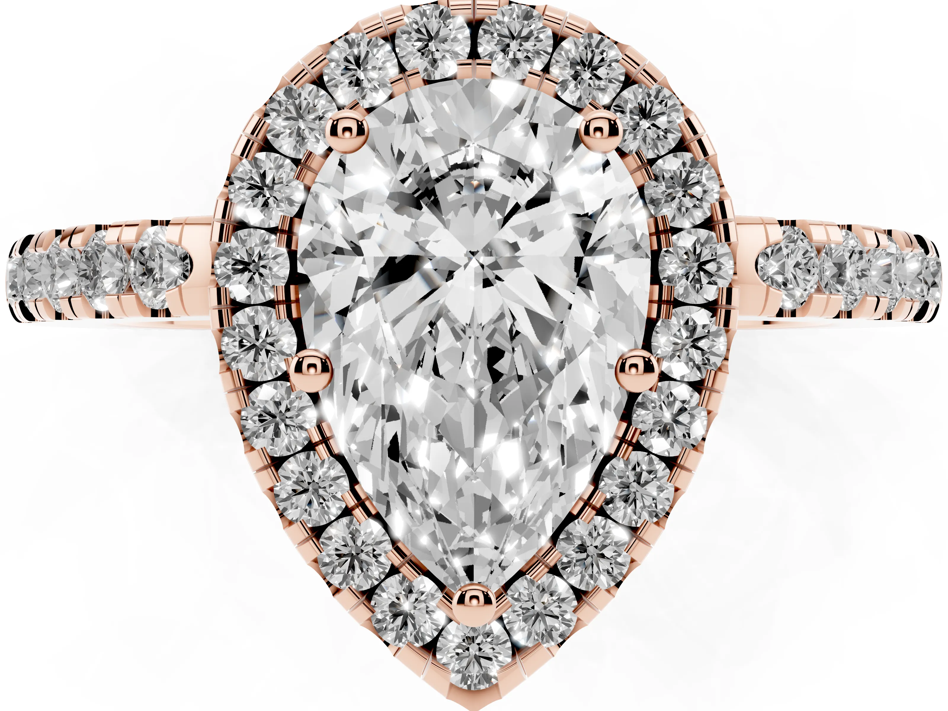 Pear Cut Diamond Pavé Band Halo Engagement Ring Set in Rose gold with Prong Setting