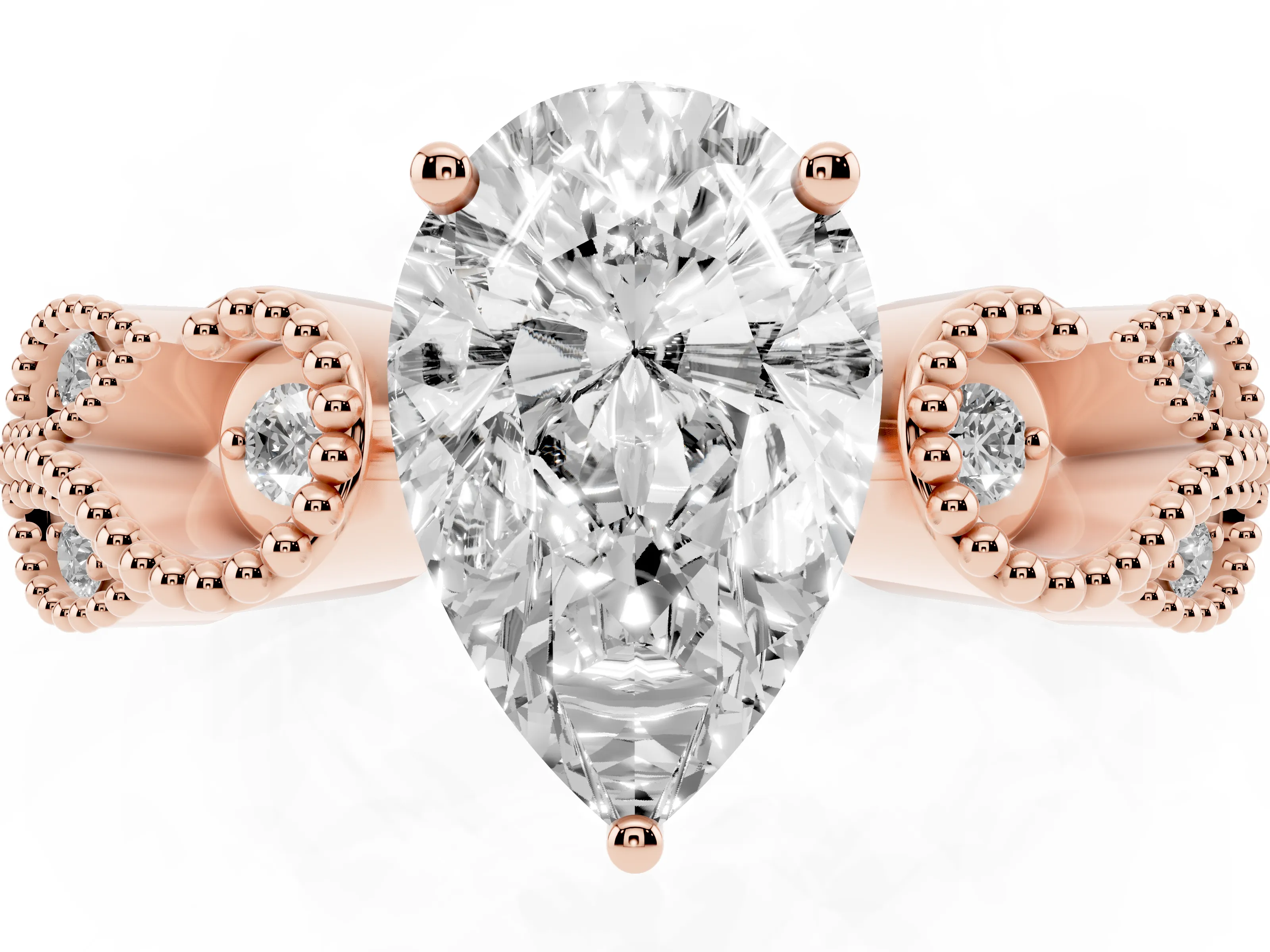 Pear Cut Diamond Milgrain Leaf Band Solitaire Ring Set in Rose gold with Accent Stones and Prong Setting