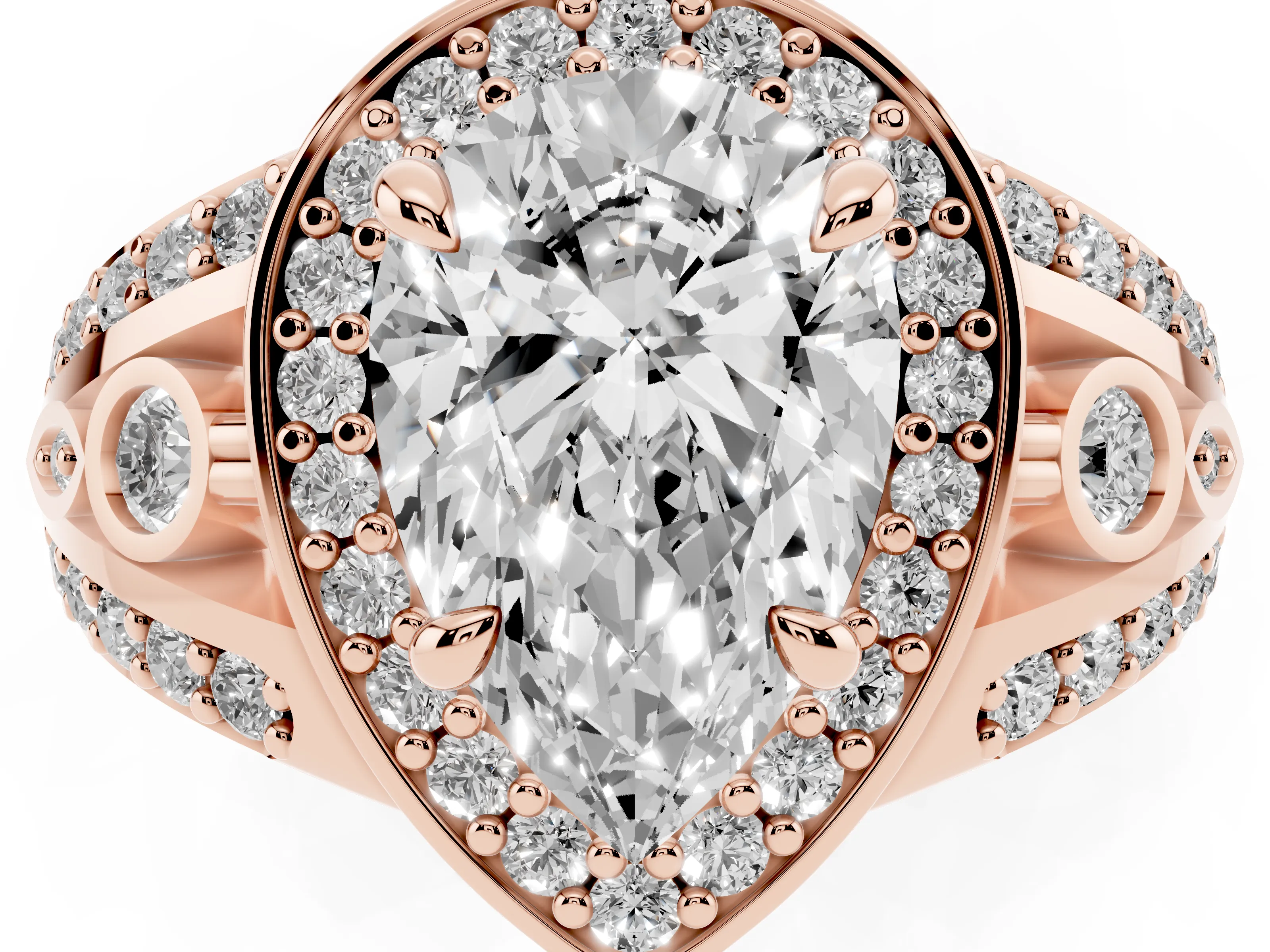 Pear Cut Diamond Halo Ring Set in Rose gold with Pavé Split Shank and Bezel Accents