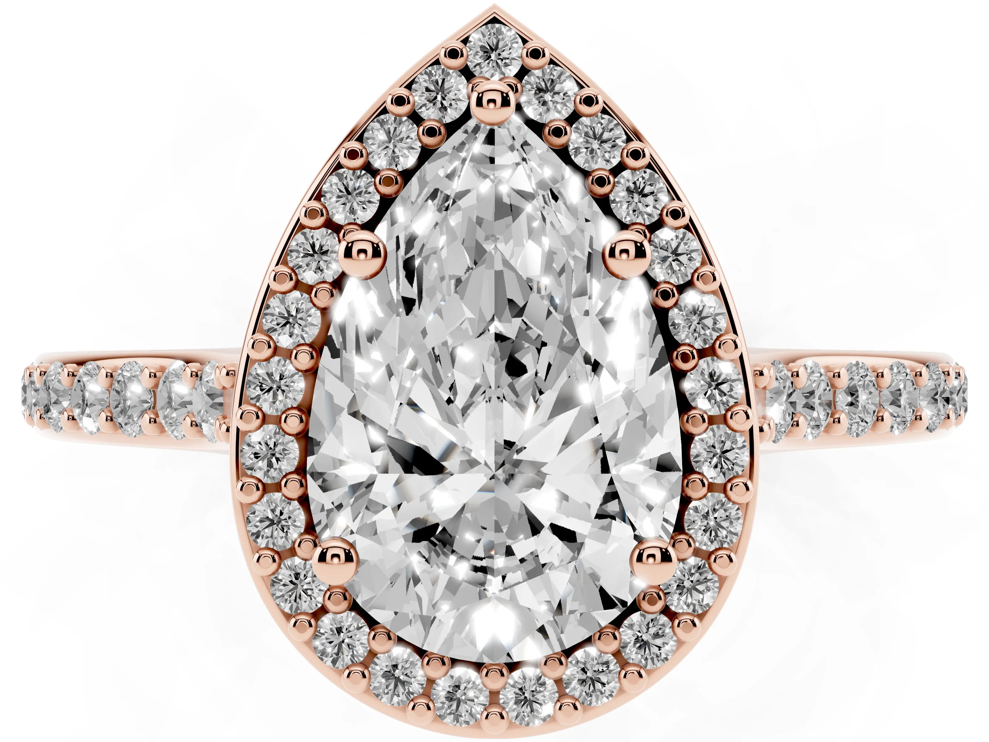 Pear Cut Diamond Halo Engagement Ring Set in Rose gold with Round Pavé Shoulders and Heart Gallery