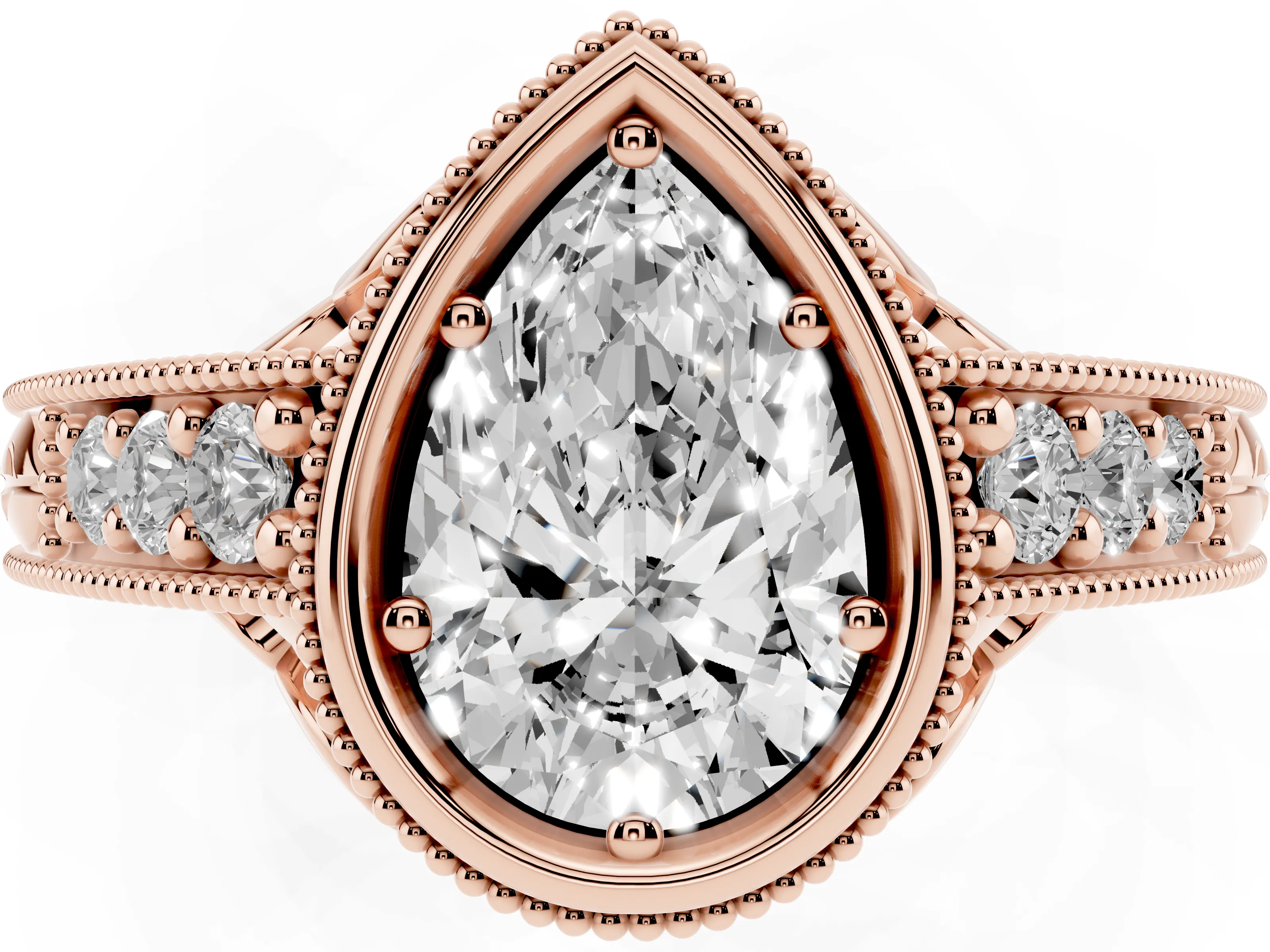 Bezel Set Pear Cut Diamond Milgrain Pavé Engagement Ring Set in Rose gold