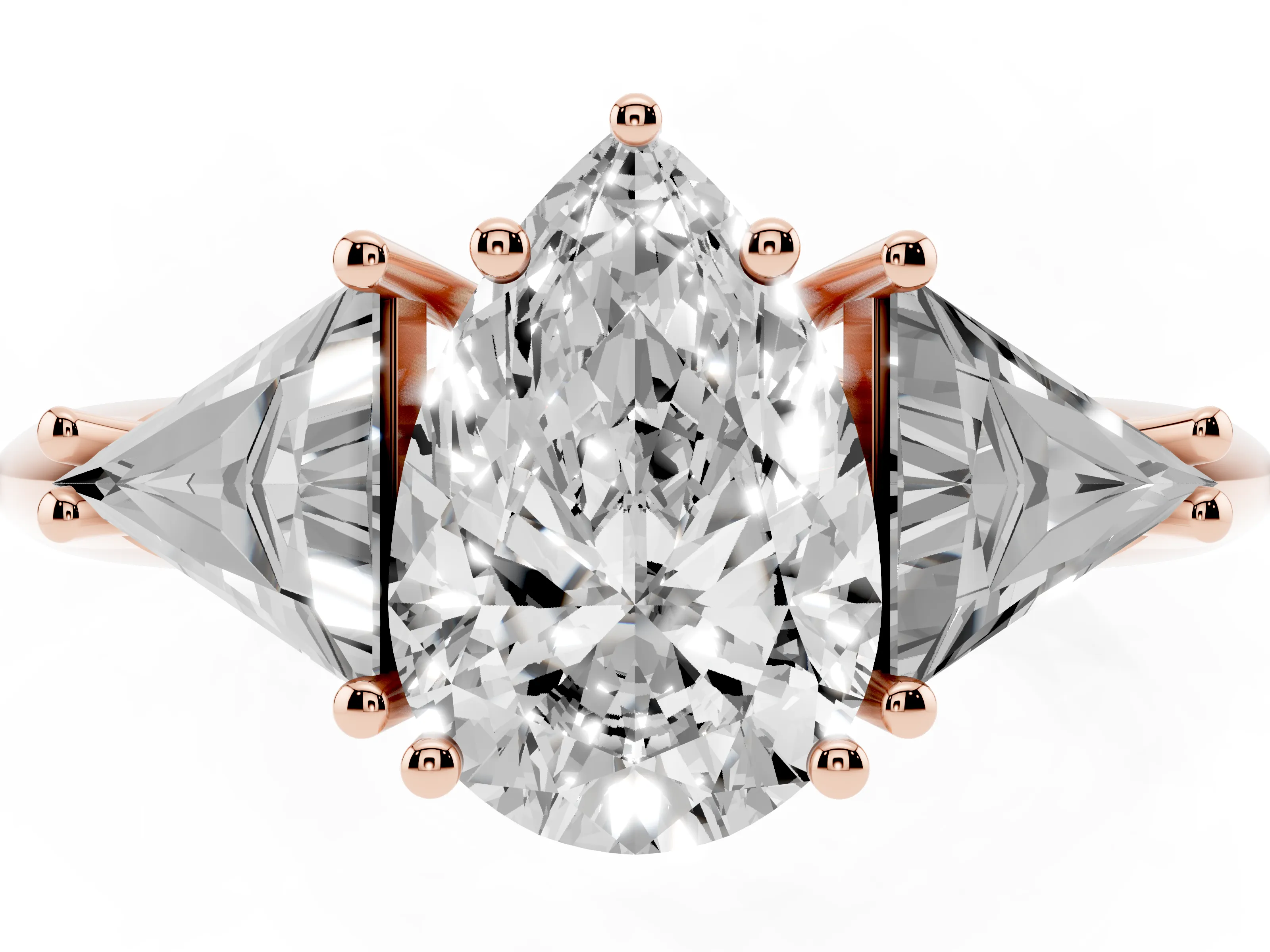 Pear Cut Diamond Three-Stone Engagement Ring Set in Rose gold with Trillion Side Stones