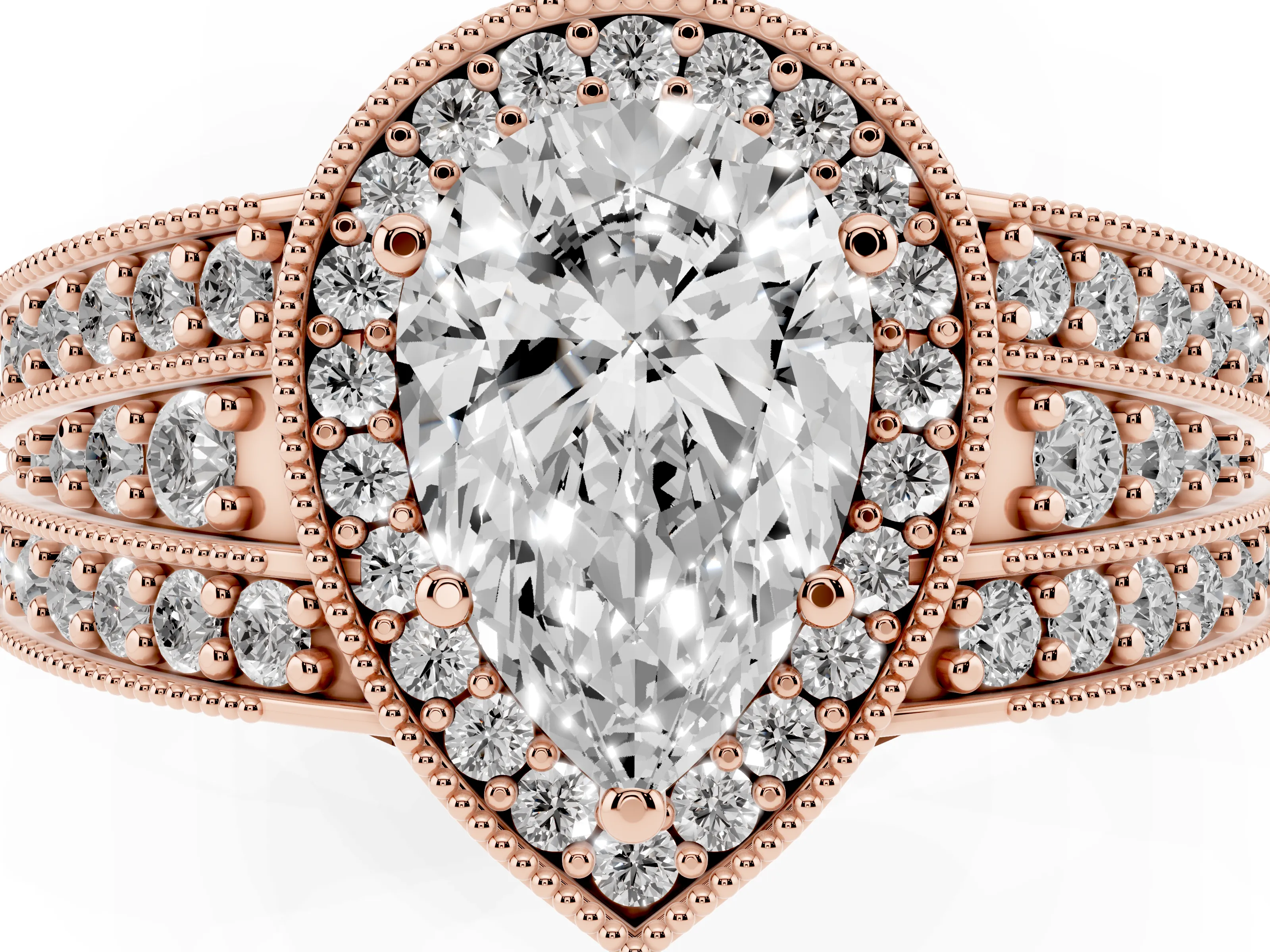 Pear Cut Diamond Halo Ring Set in Rose gold with Accent Split Shank and Prong Setting