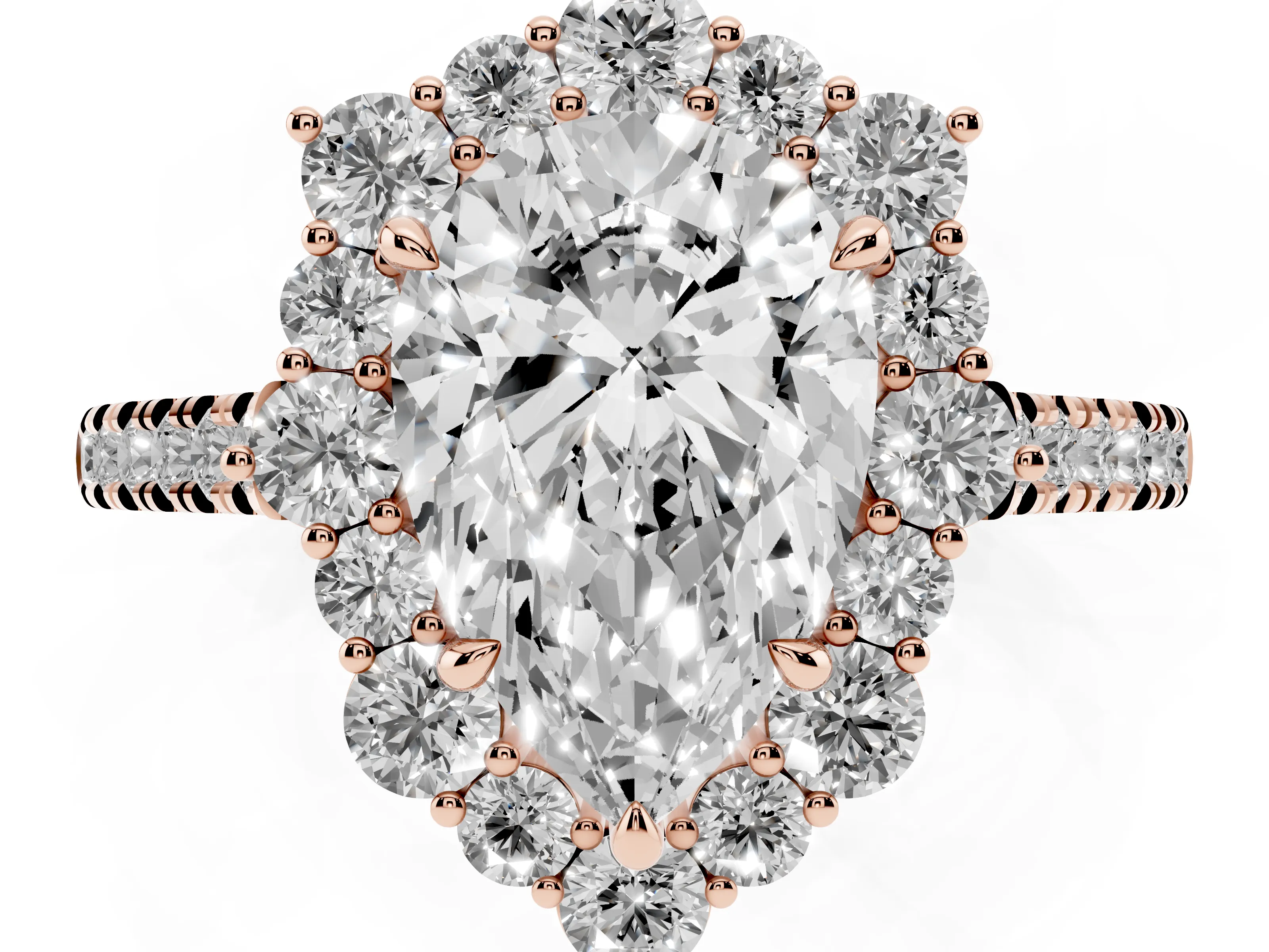 Pear Cut Diamond Halo Ring Set in Rose gold with Pavé Band and Prong Setting