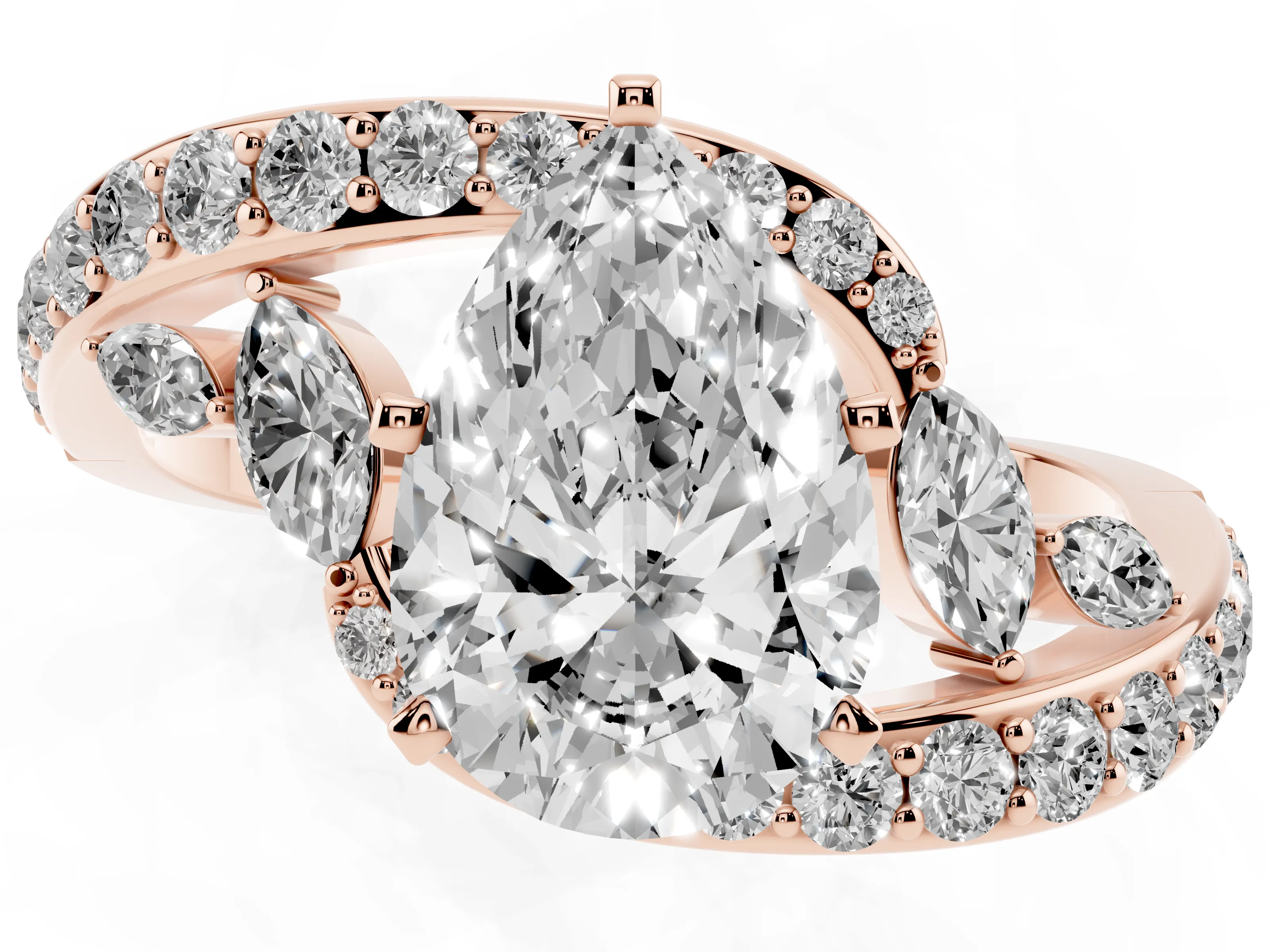 Pear Cut Diamond Solitaire Ring Set in Rose gold with Pavé Twist Band and Secure Prong Setting