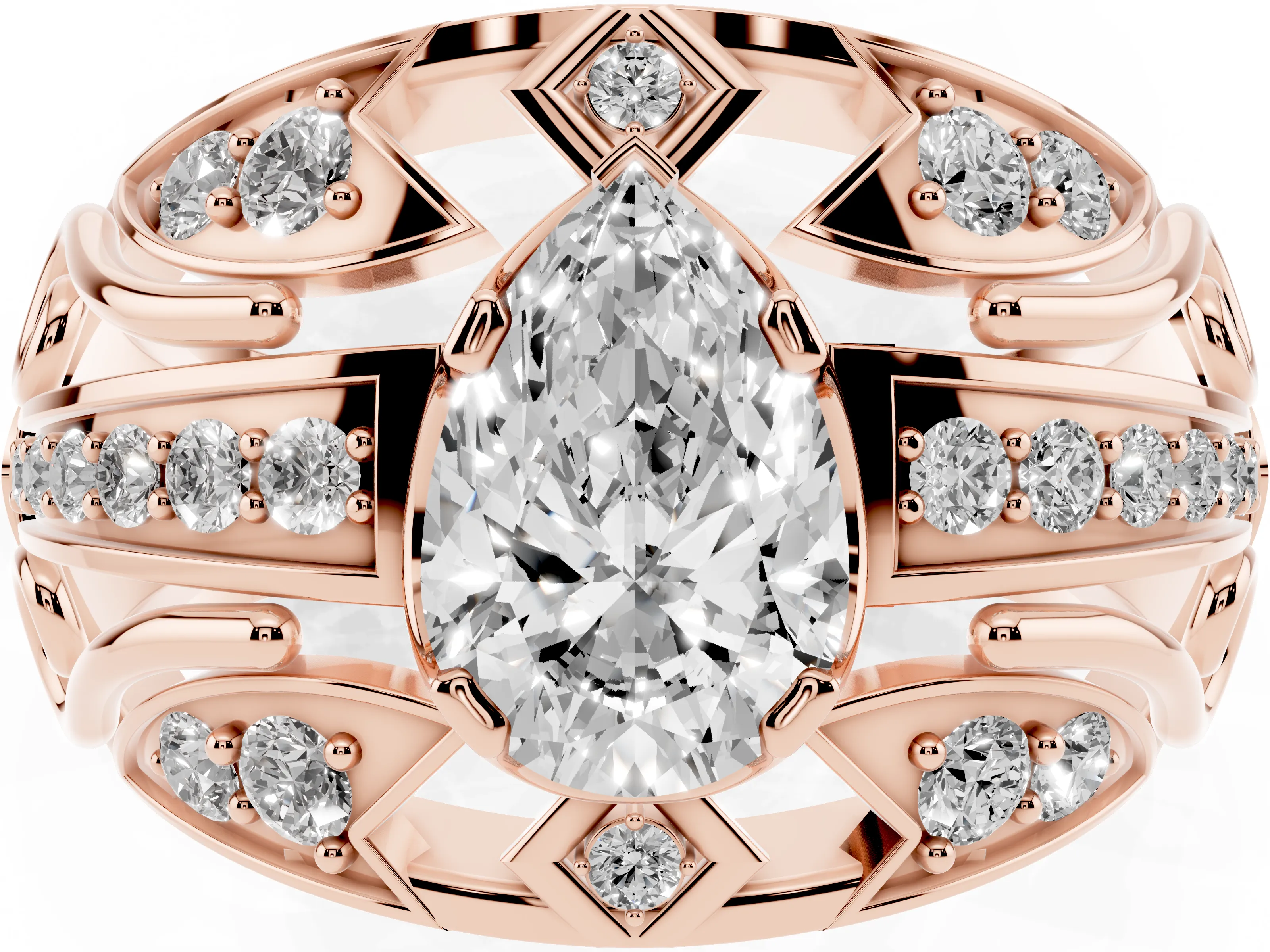 Pear Cut Diamond Art Deco Ring Set in Rose gold with Pavé Split Shank